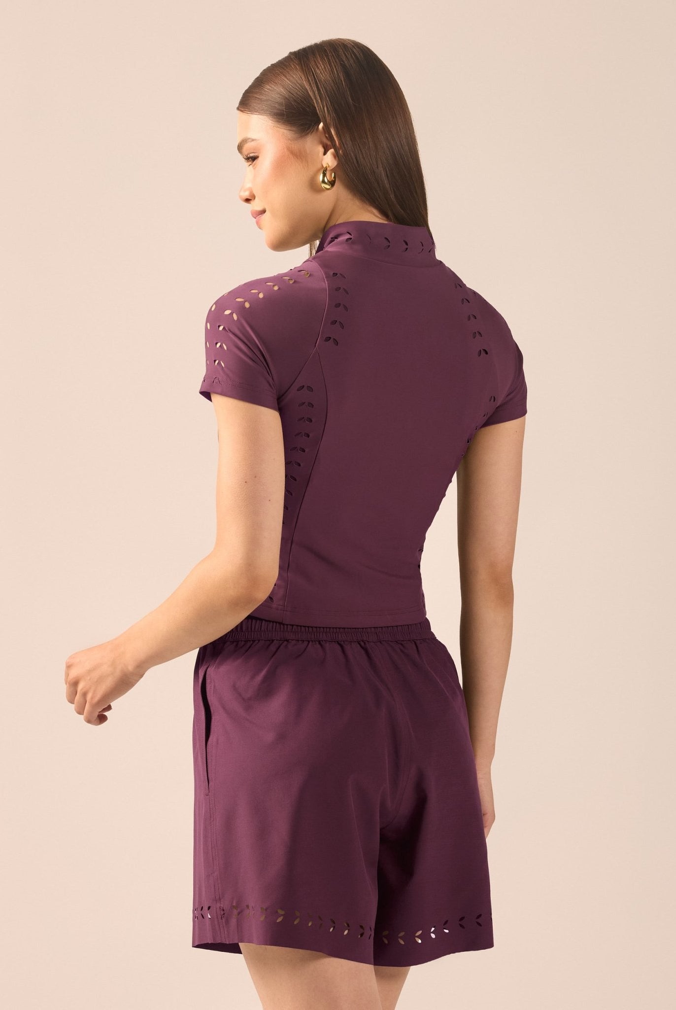 Purple Wide Leg Swim Shorts with Cutout Details - shopaleena