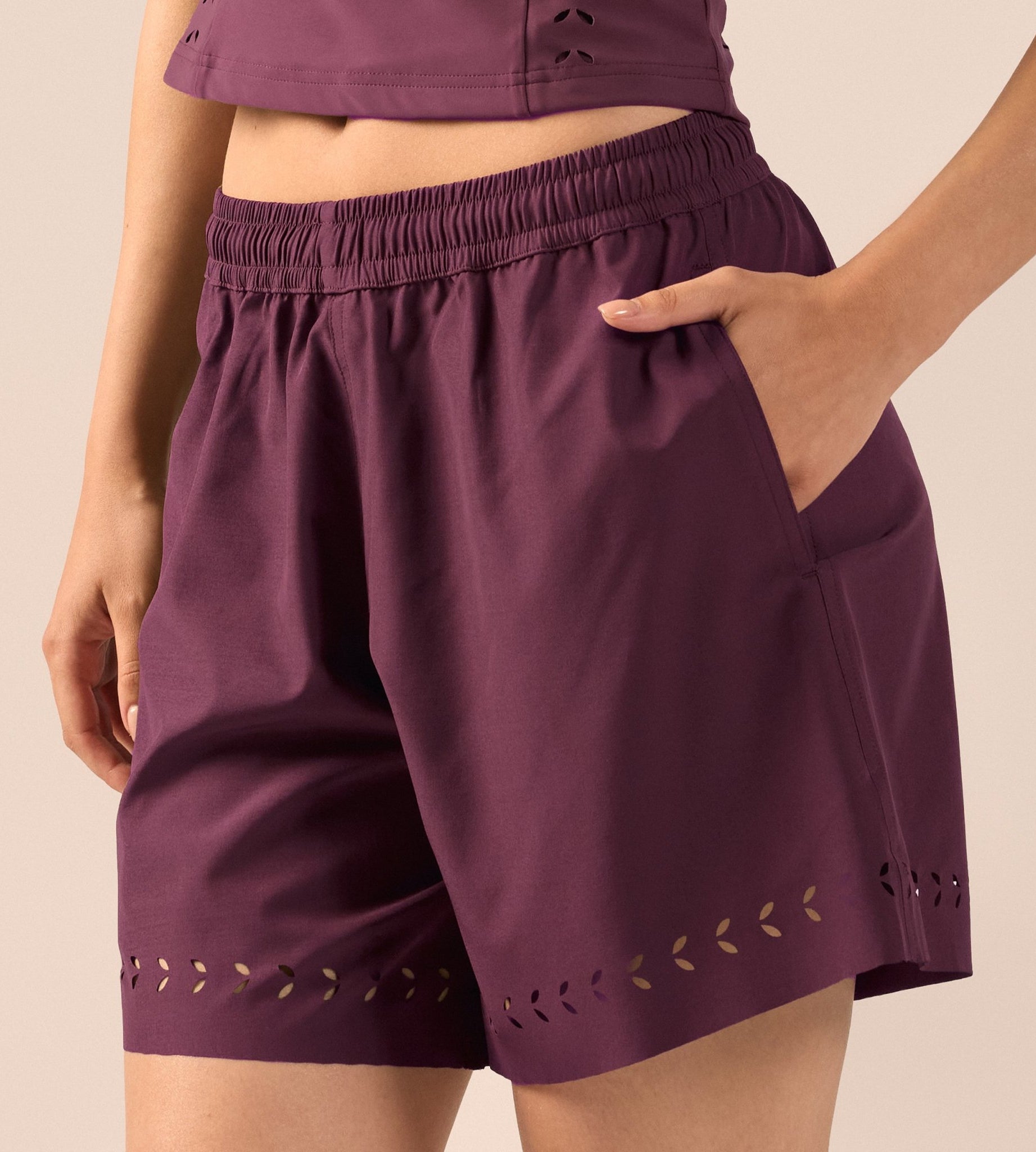 Purple Wide Leg Swim Shorts with Cutout Details - shopaleena