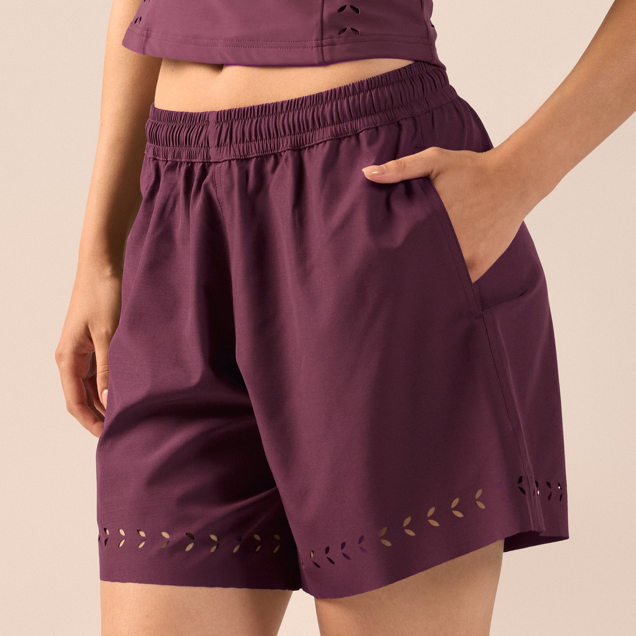 Purple Wide Leg Swim Shorts with Cutout Details - shopaleena