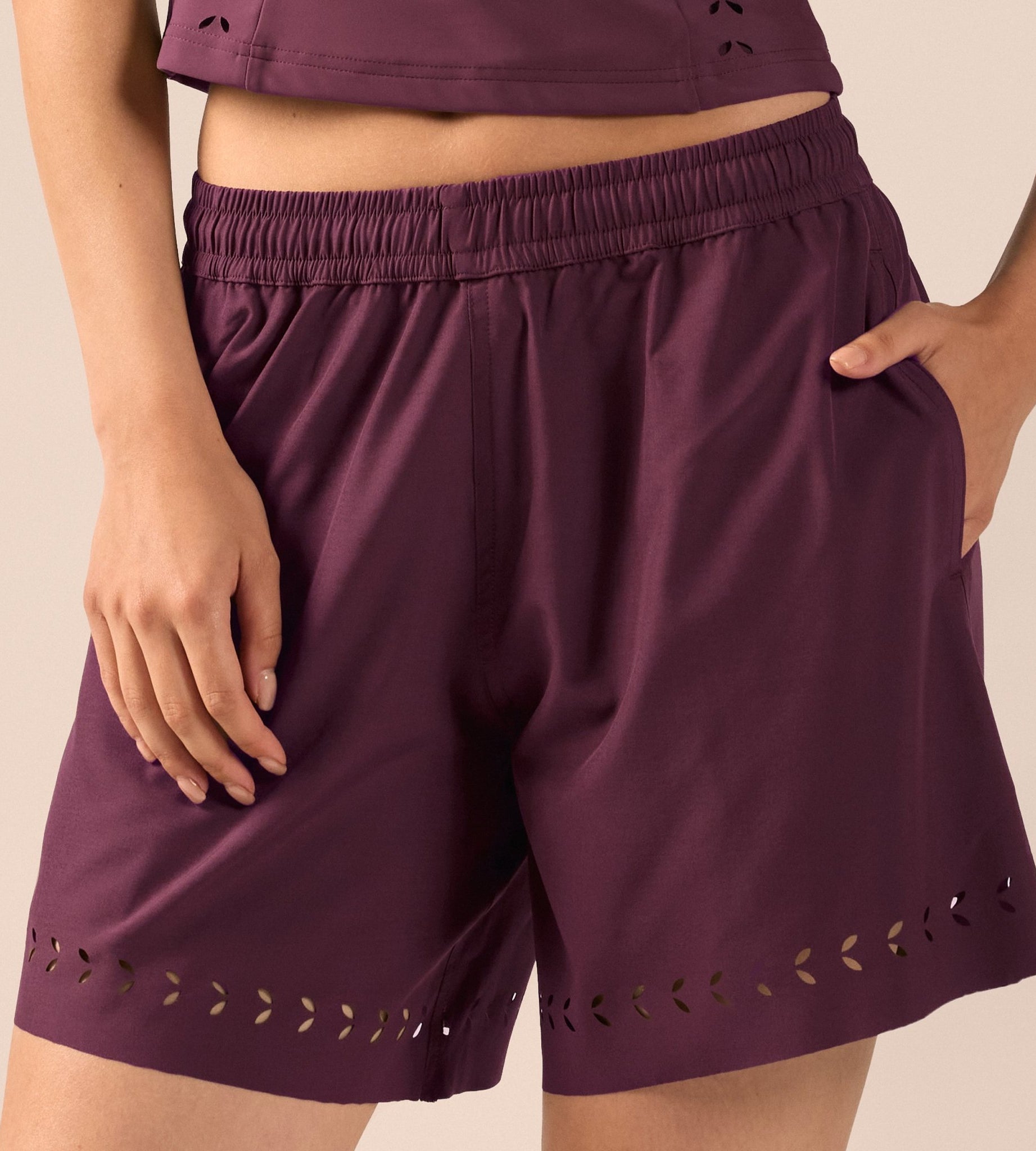 Purple Wide Leg Swim Shorts with Cutout Details - shopaleena