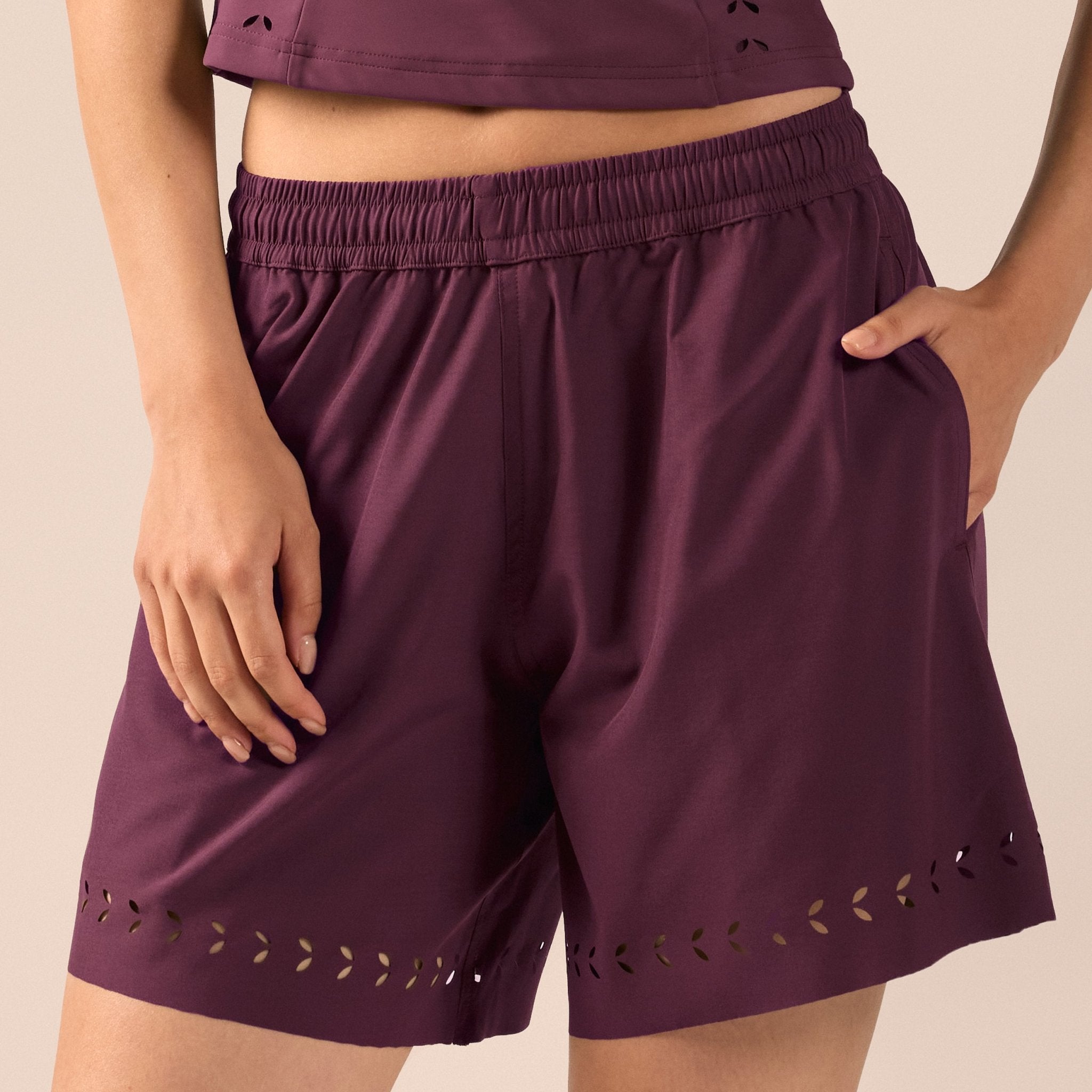 Purple Wide Leg Swim Shorts with Cutout Details - shopaleena