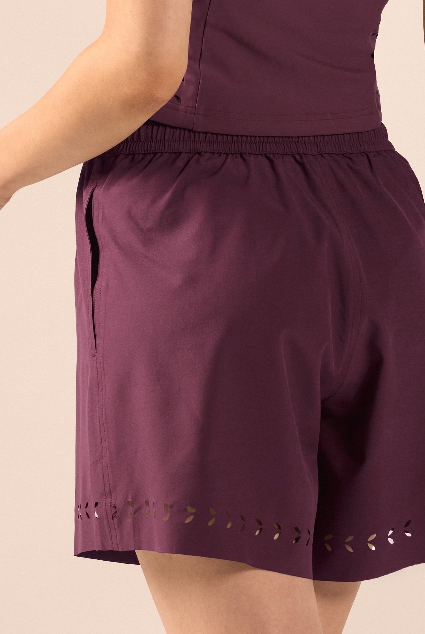 Purple Wide Leg Swim Shorts with Cutout Details - shopaleena