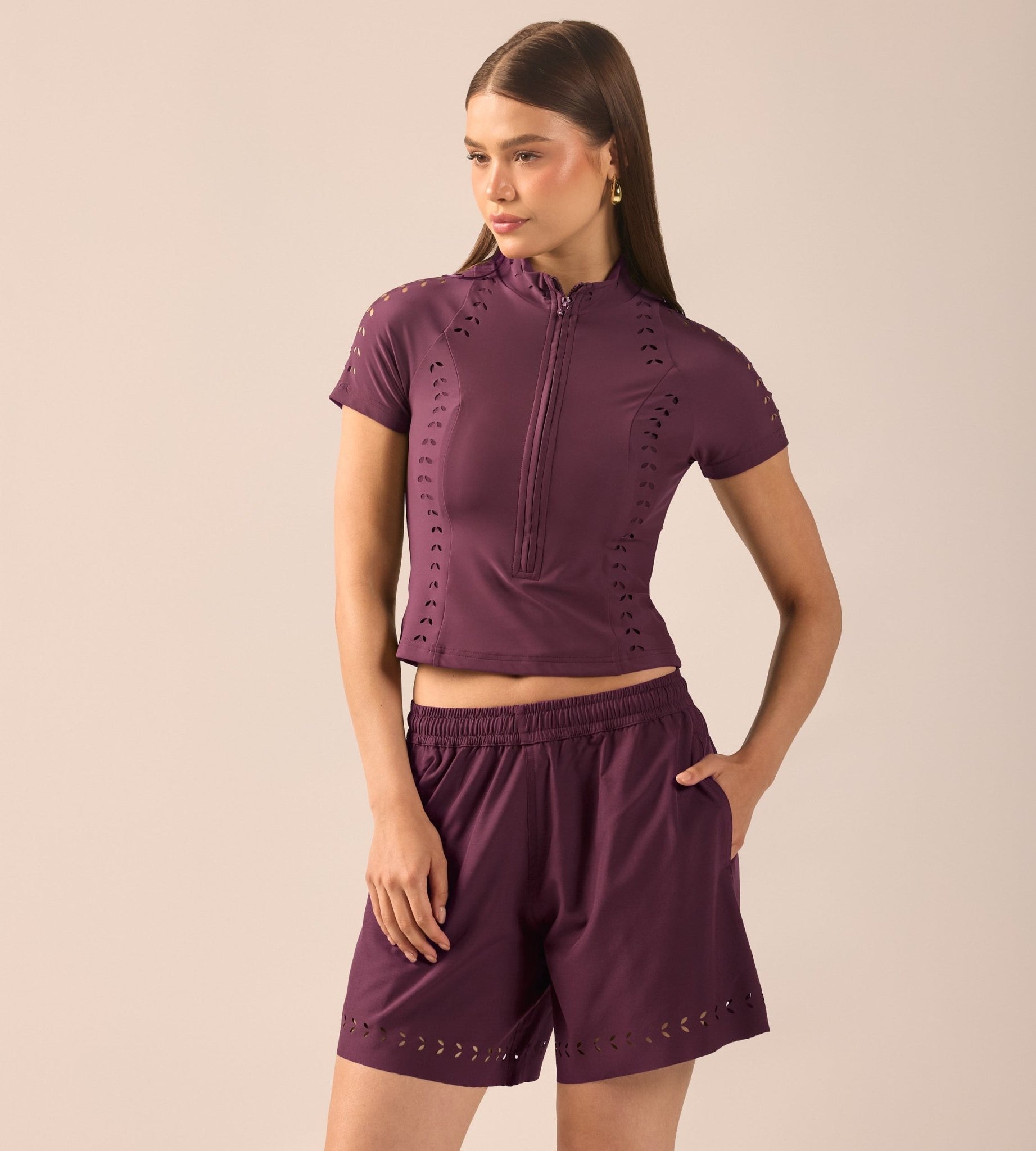 Purple Wide Leg Swim Shorts with Cutout Details - shopaleena