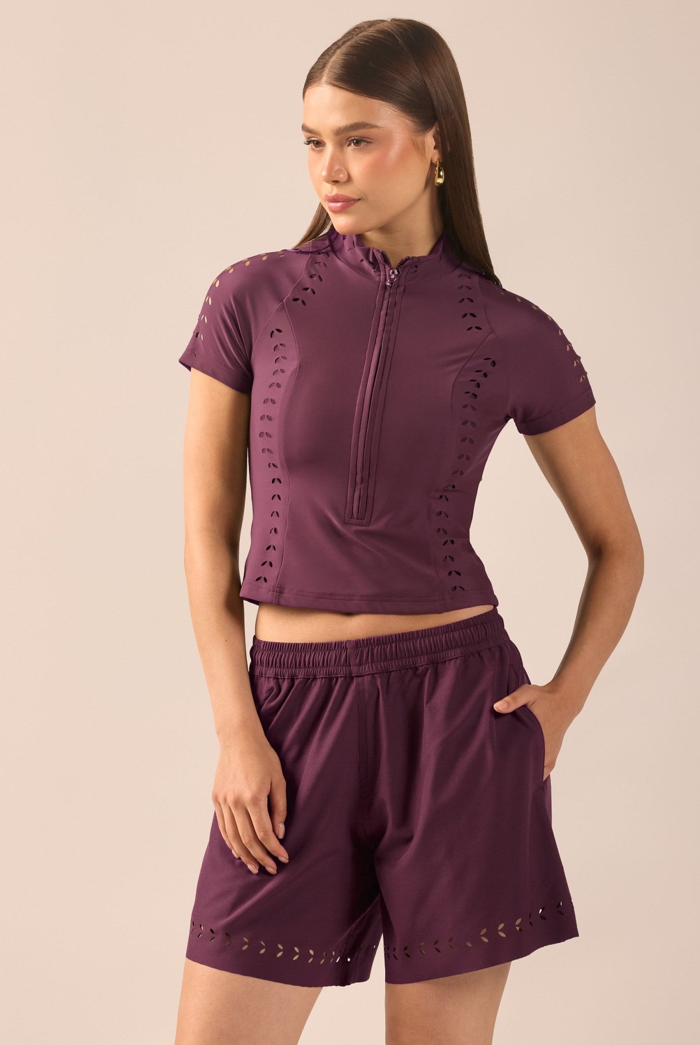 Purple Wide Leg Swim Shorts with Cutout Details - shopaleena
