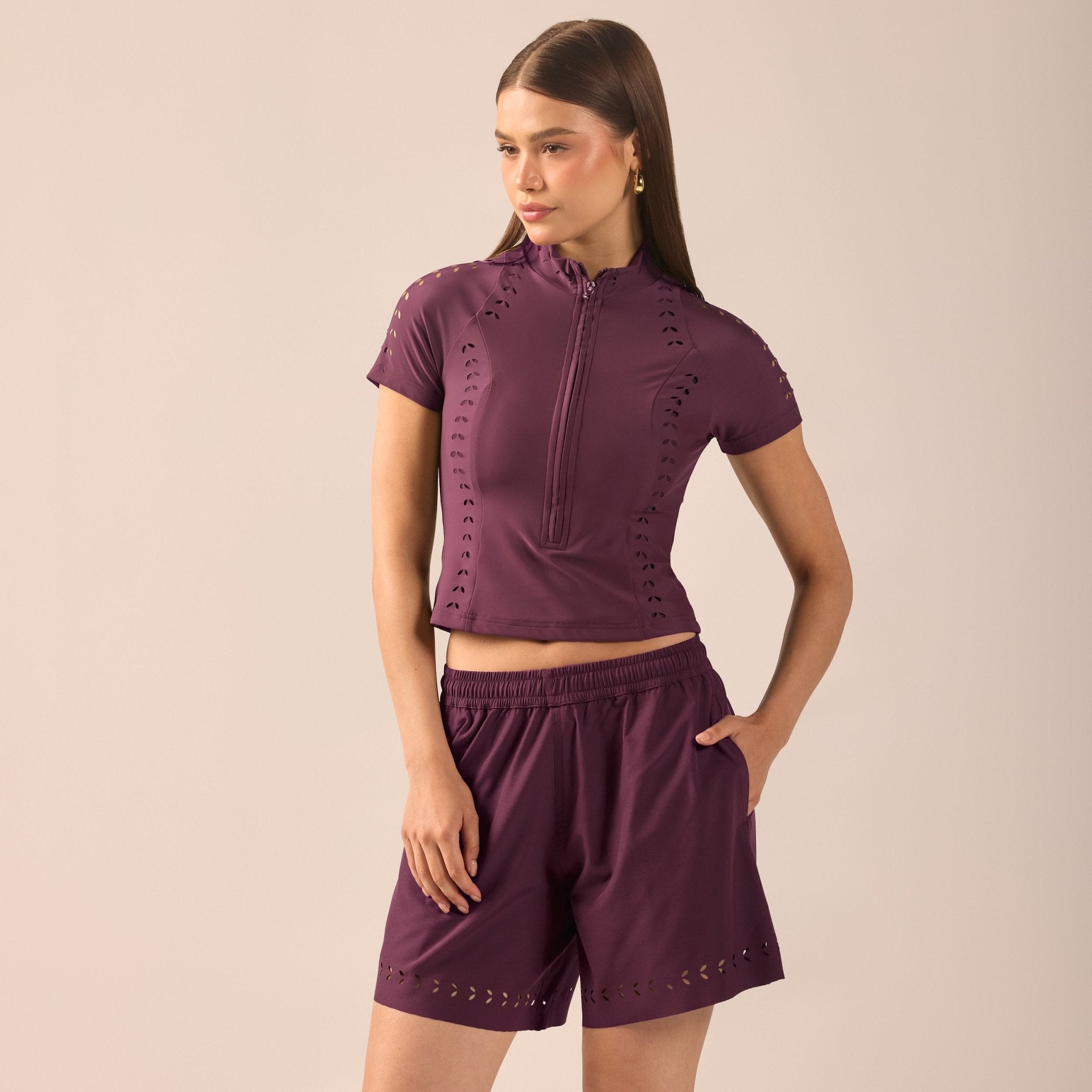 Purple Wide Leg Swim Shorts with Cutout Details - shopaleena