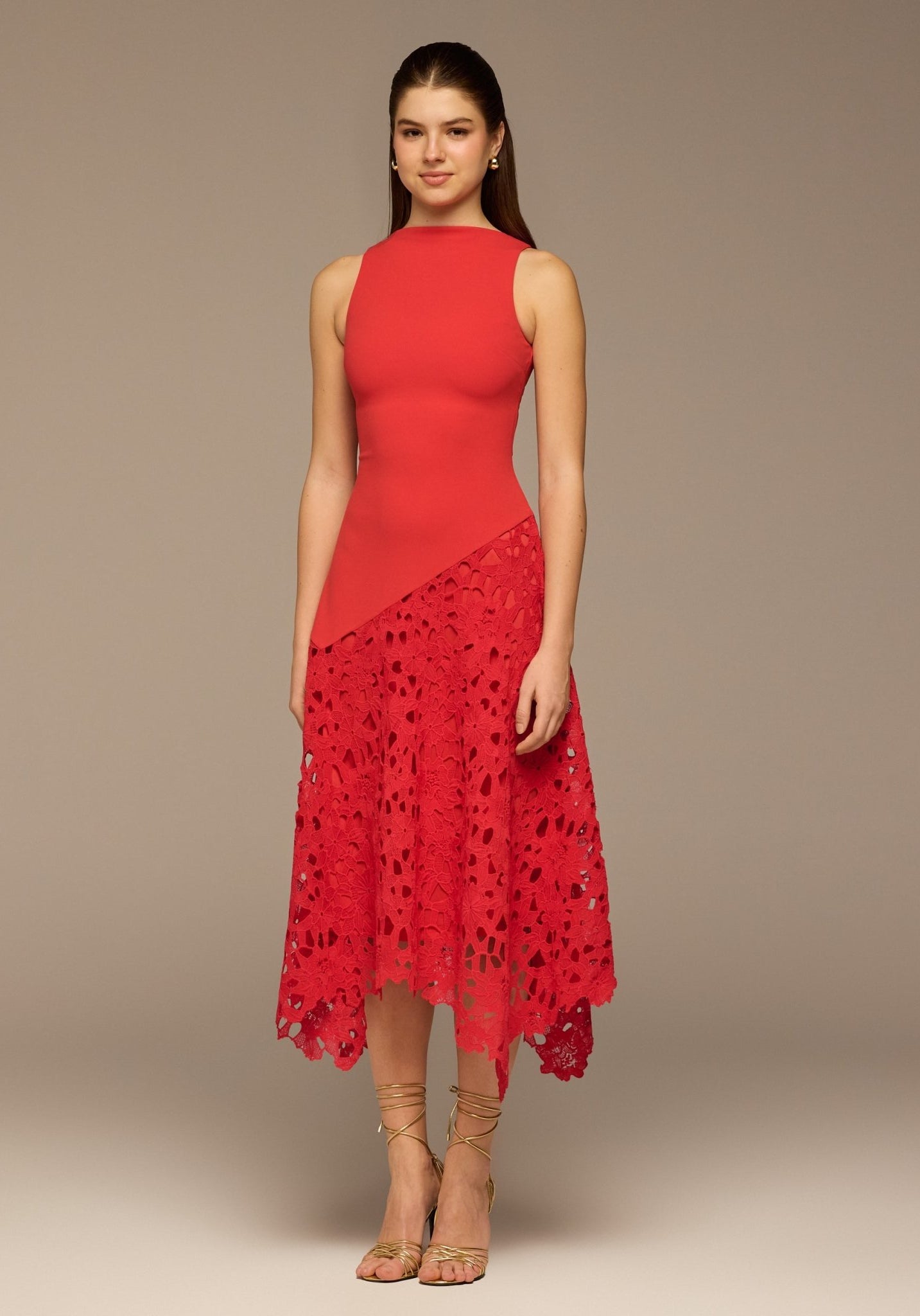 Red Asymmetric Lace - Overlay Cotton Dress - shopaleena