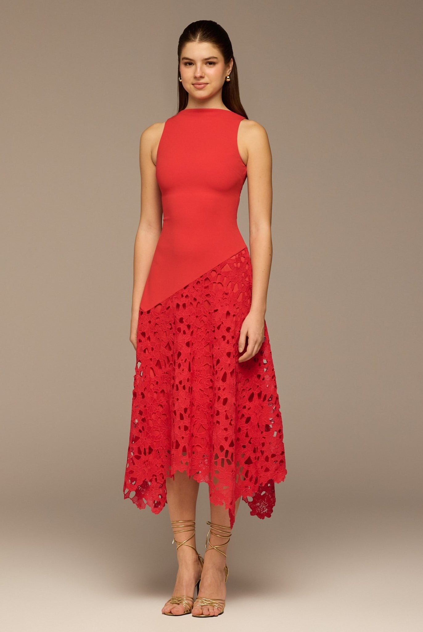 Red Asymmetric Lace - Overlay Cotton Dress - shopaleena