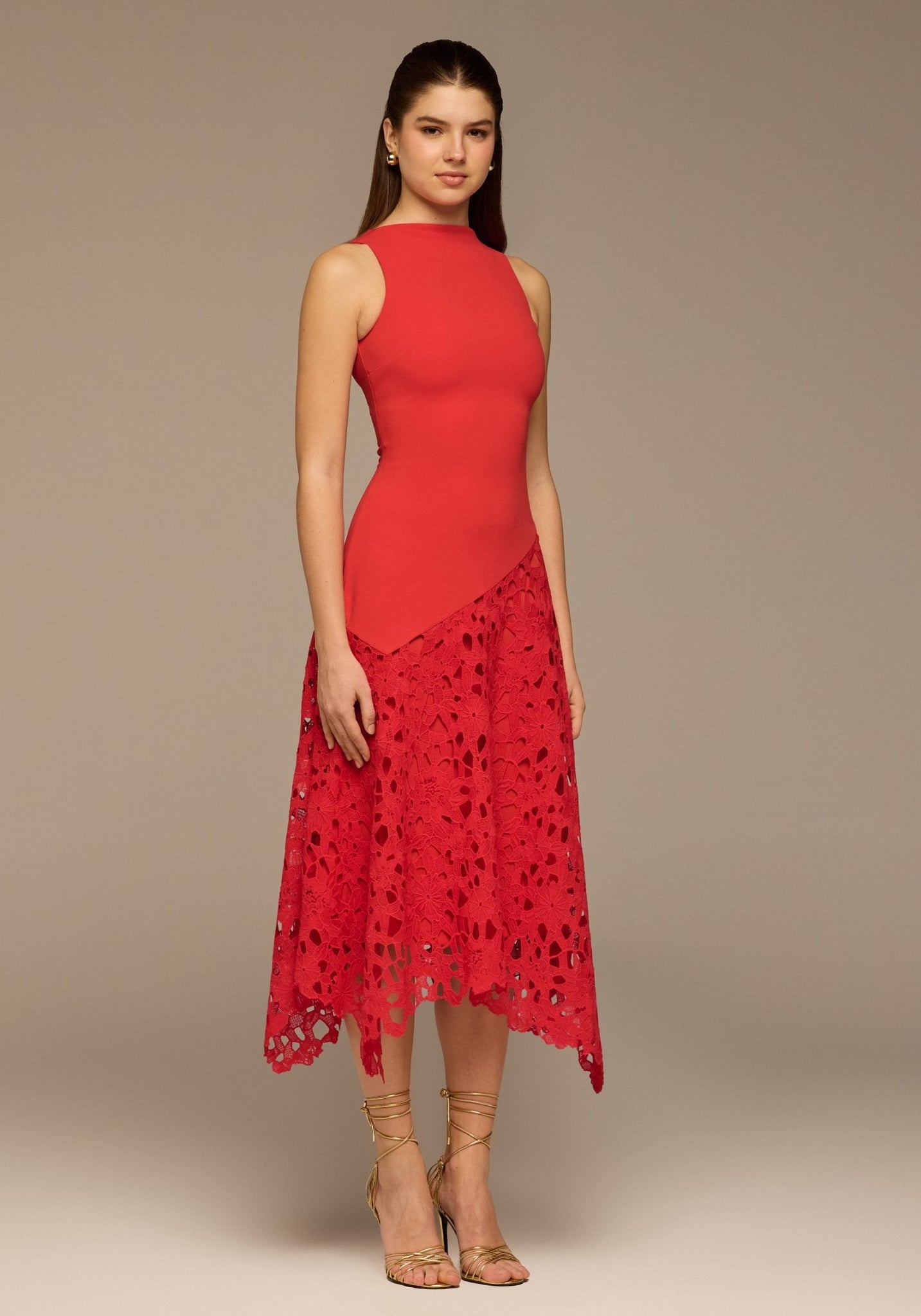 Red Asymmetric Lace - Overlay Cotton Dress - shopaleena