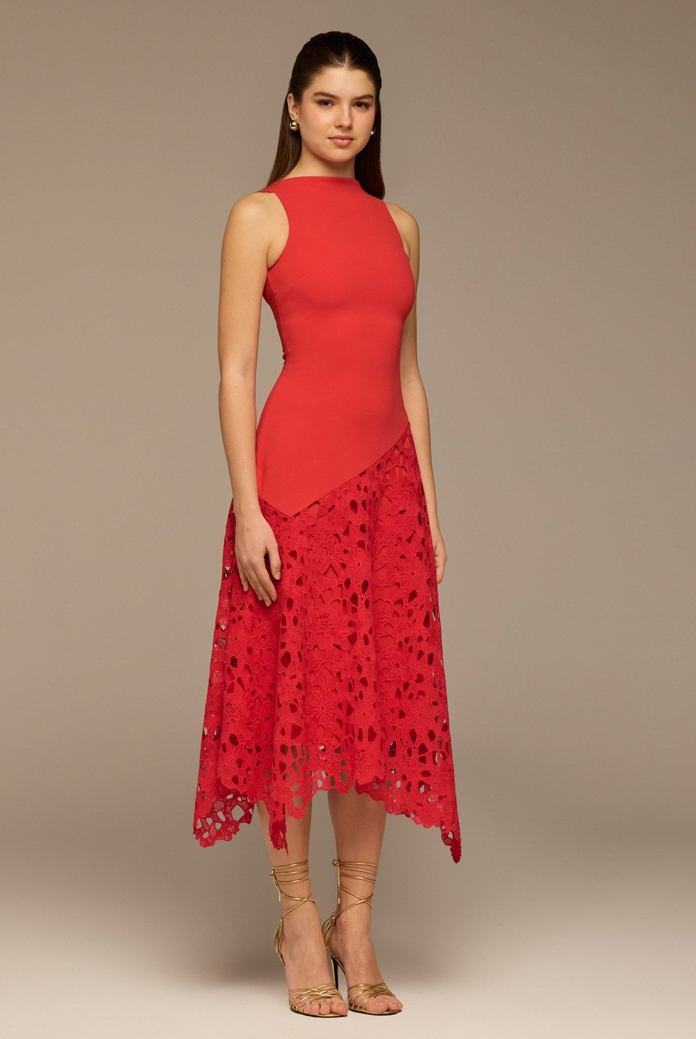 Red Asymmetric Lace - Overlay Cotton Dress - shopaleena