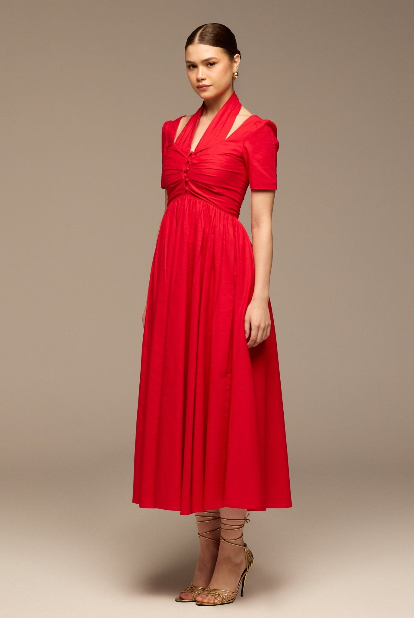 Red Cotton Poplin V - Neck Button - Front Dress - shopaleena