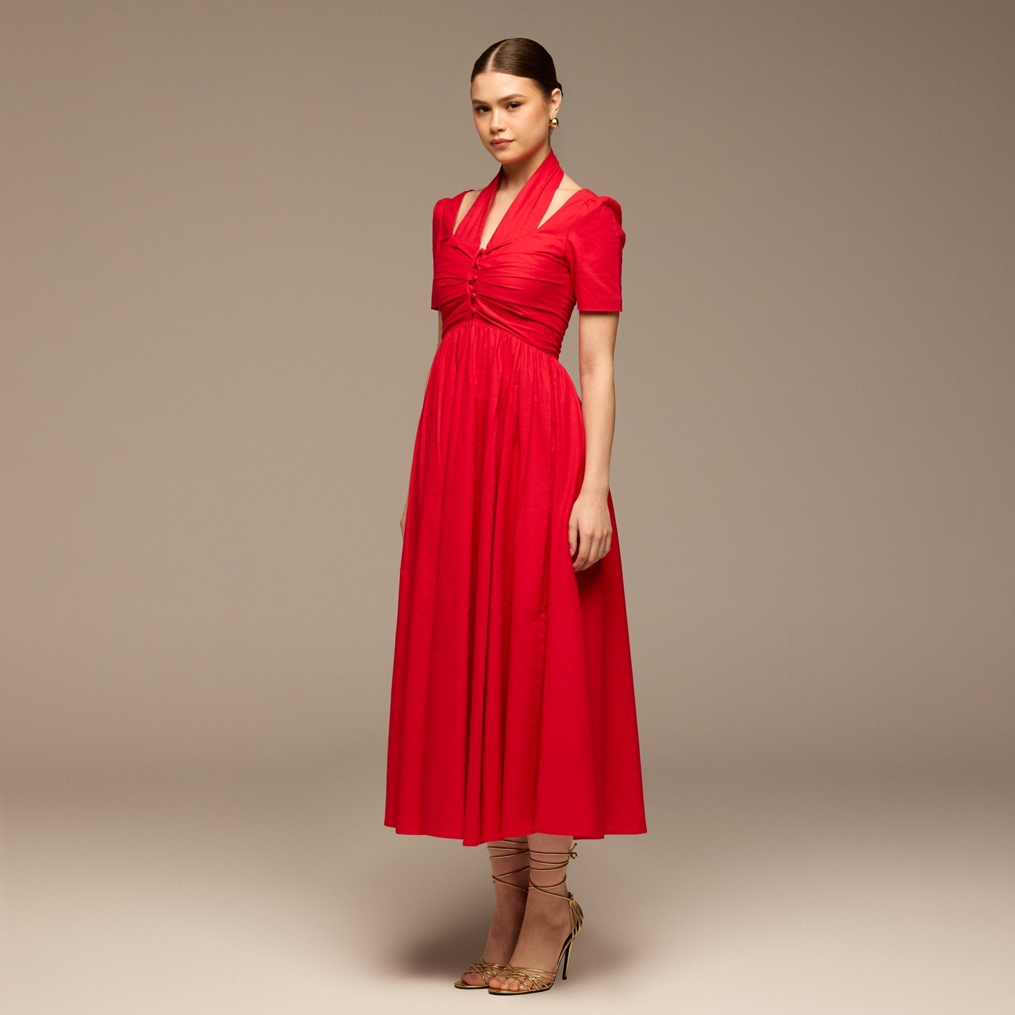 Red Cotton Poplin V - Neck Button - Front Dress - shopaleena