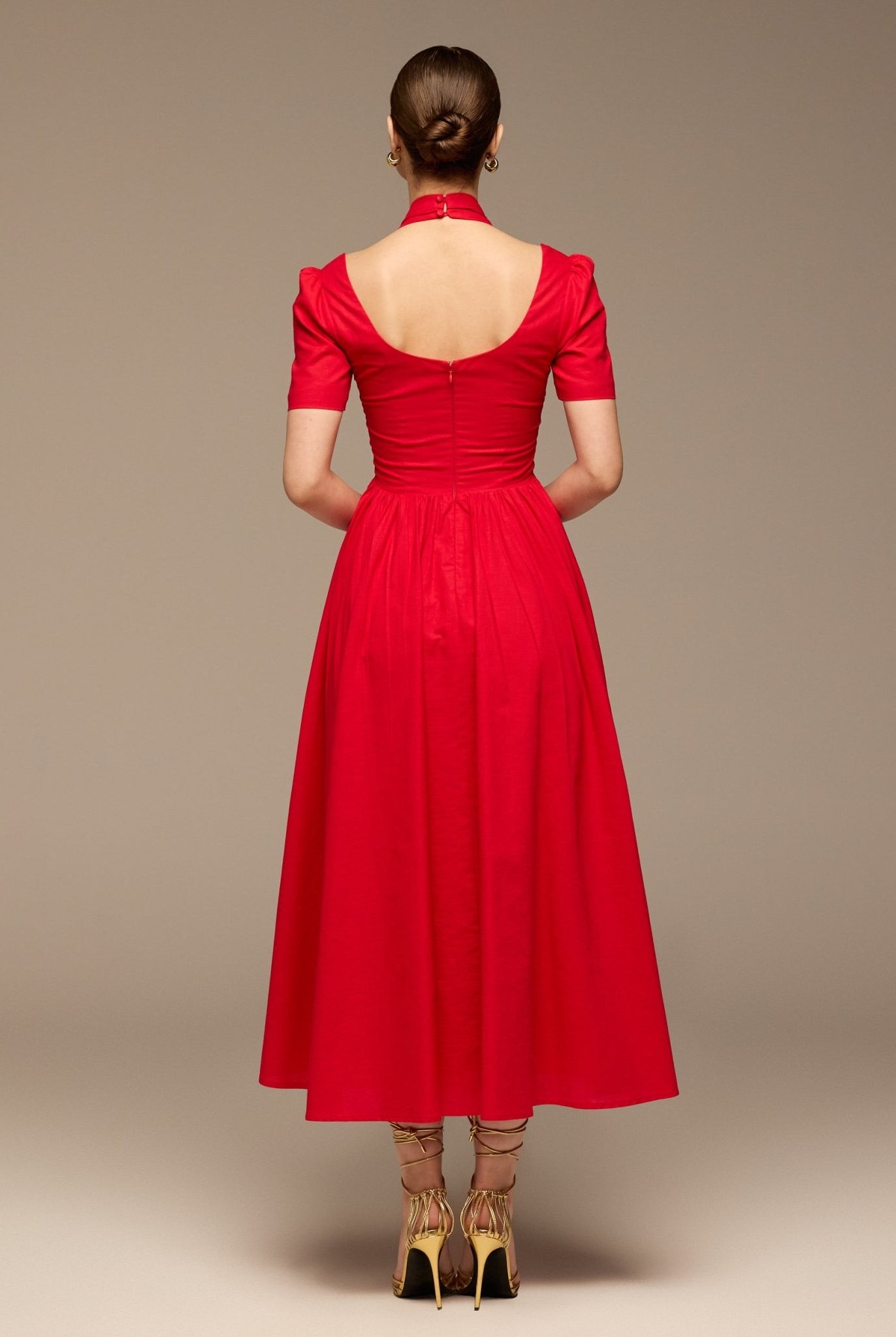 Red Cotton Poplin V - Neck Button - Front Dress - shopaleena