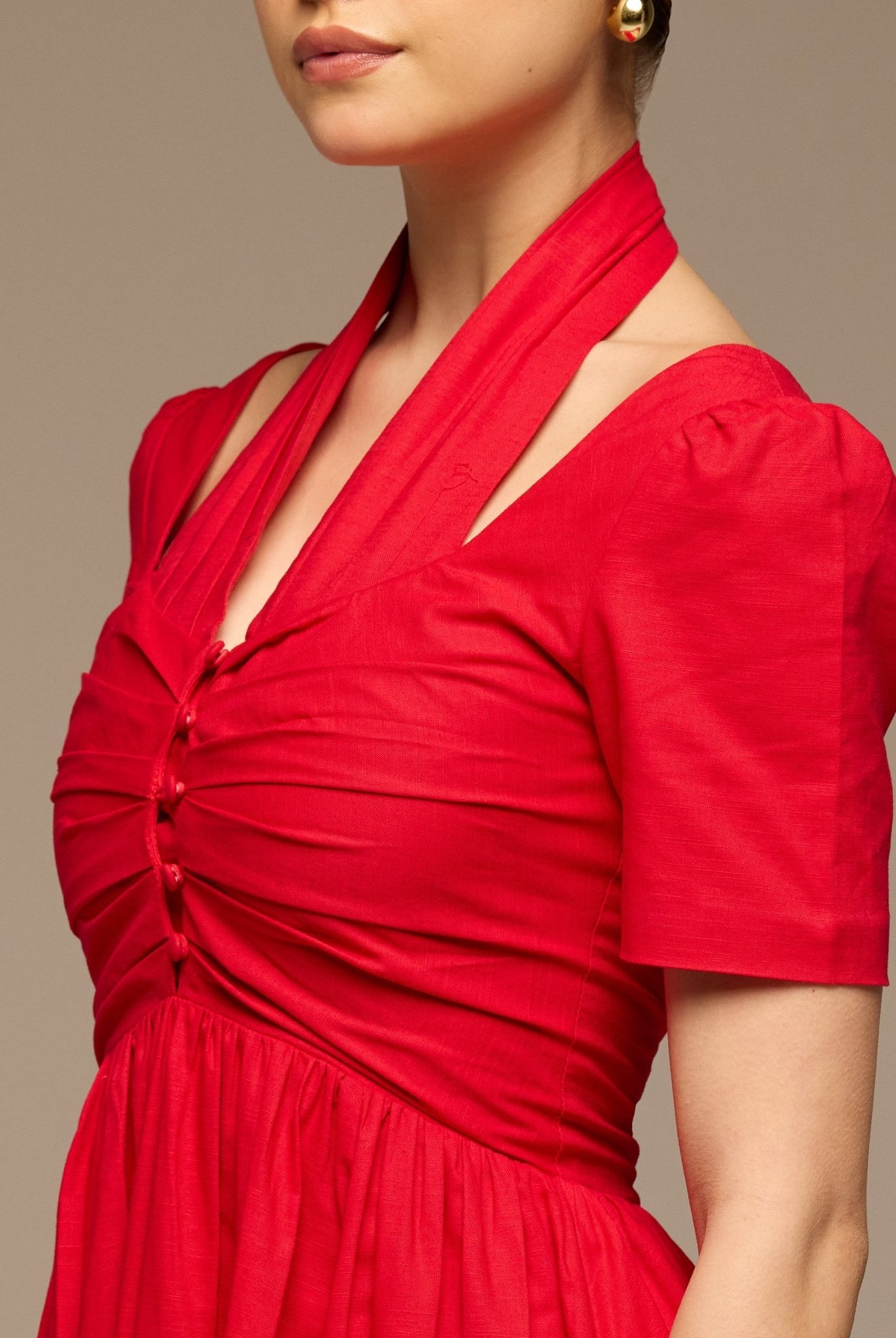 Red Cotton Poplin V - Neck Button - Front Dress - shopaleena