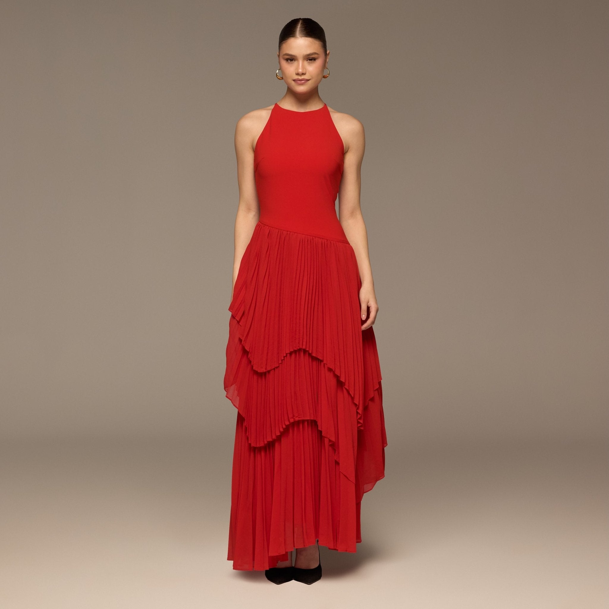 Red Crepe & Chiffon Maxi Dress with Tiered Pleated Skirt - shopaleena