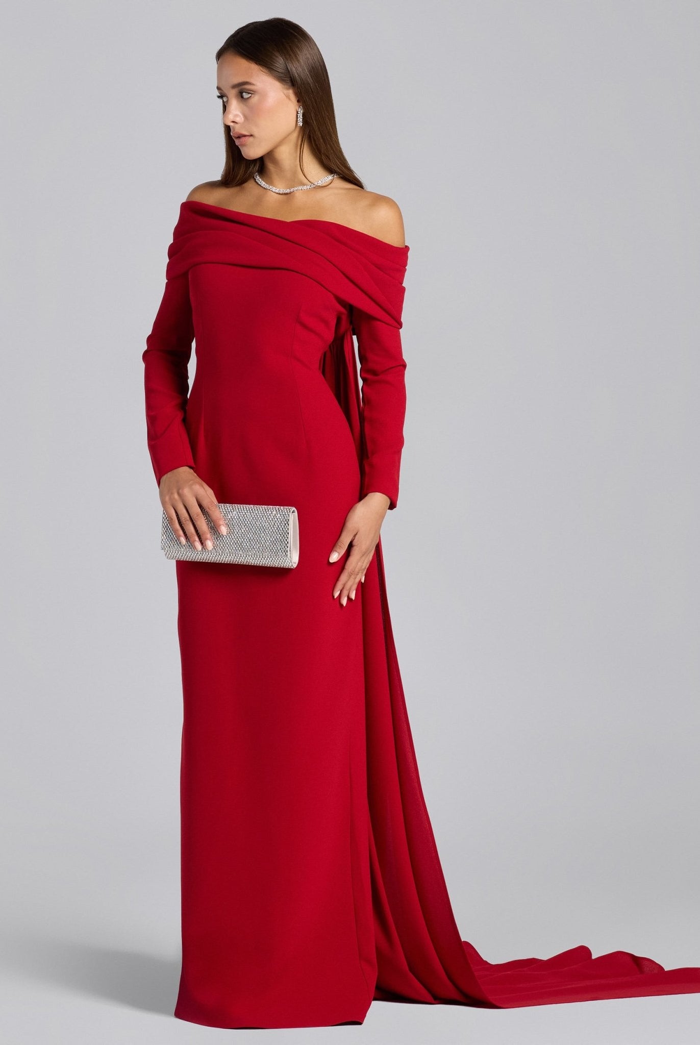 Red Crepe Draped Neck Maxi Dress - shopaleena
