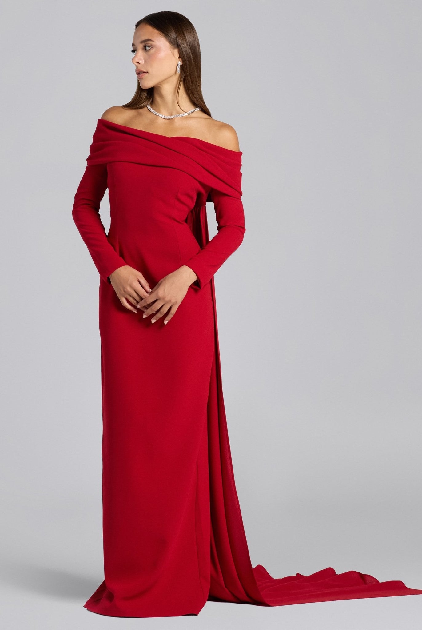 Red Crepe Draped Neck Maxi Dress - shopaleena