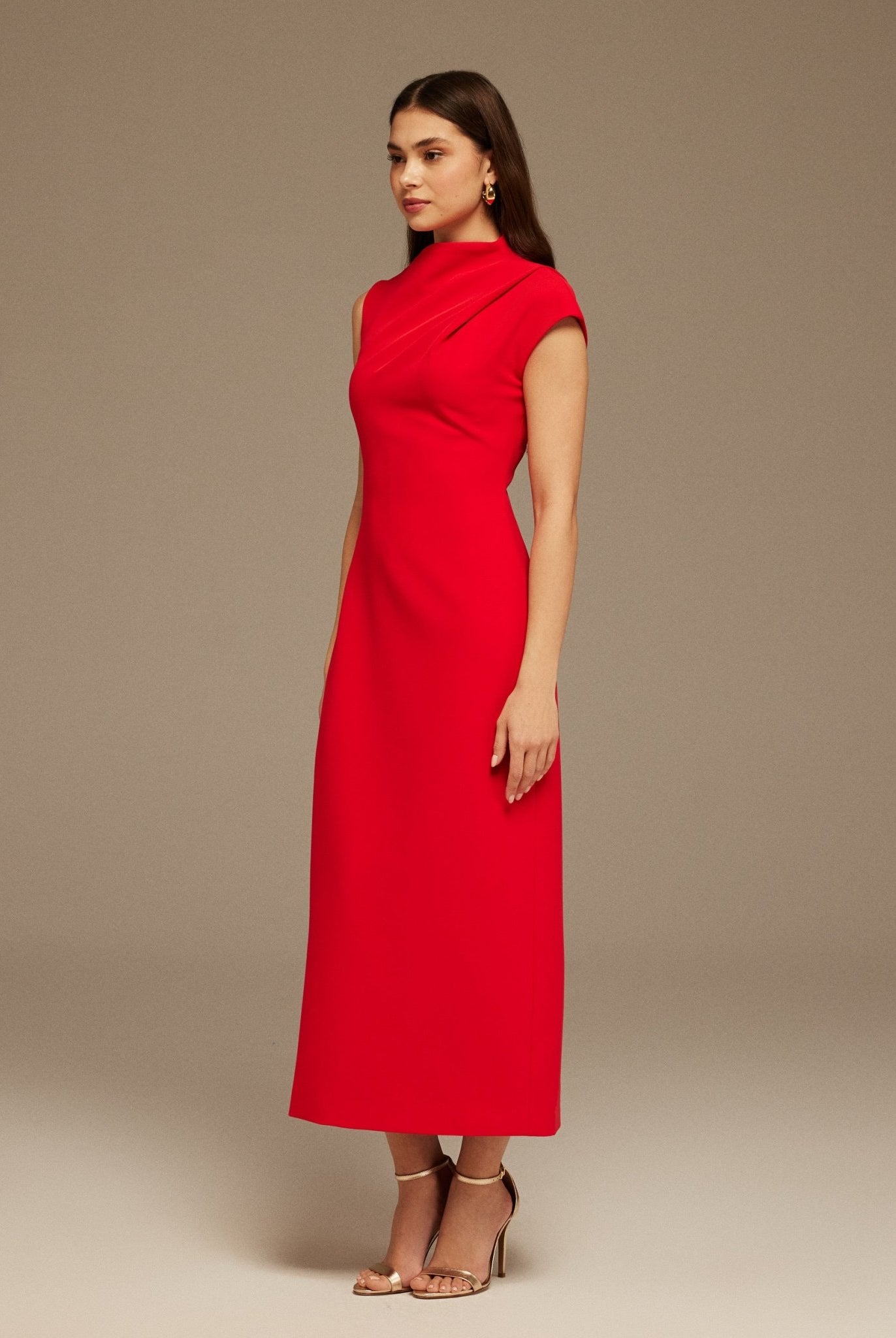 Red Draped Shoulder Short Sleeve Midi Dress - shopaleena