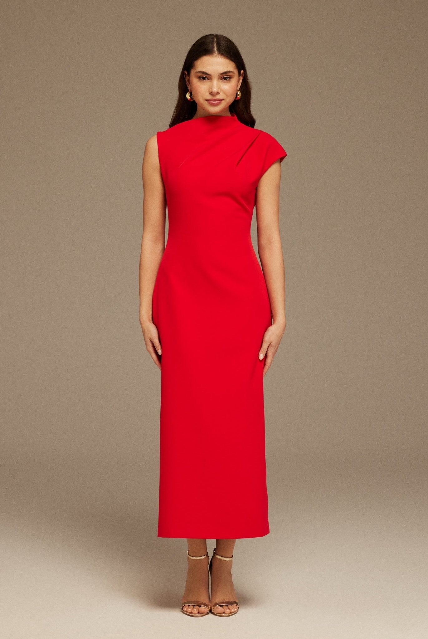 Red Draped Shoulder Short Sleeve Midi Dress - shopaleena