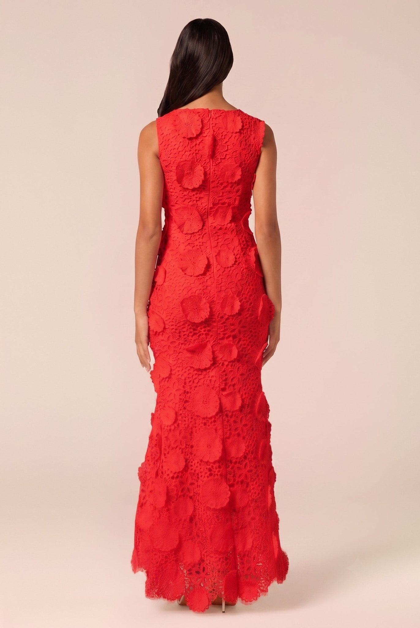 Red Floral Applique Lace Maxi Dress - shopaleena