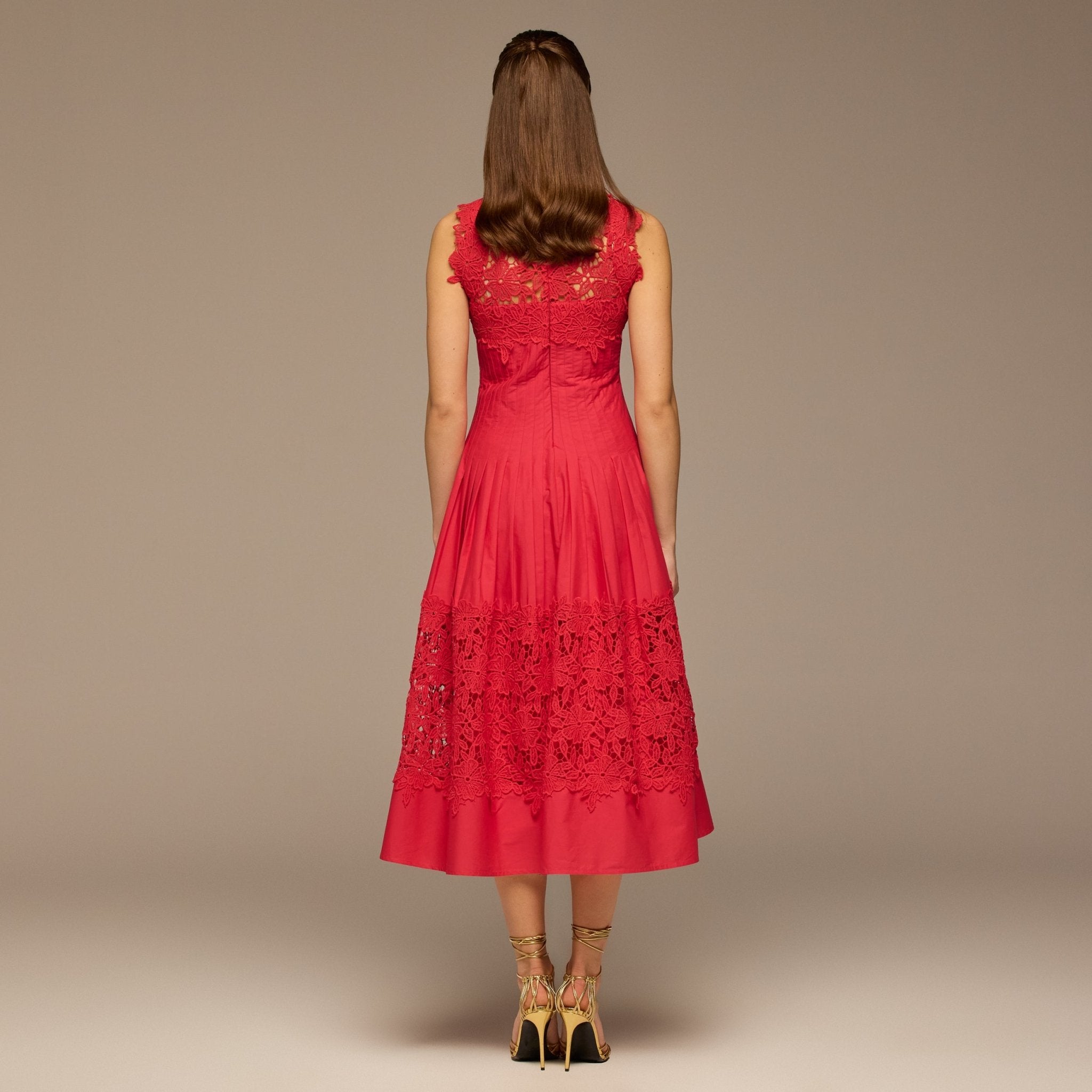 Red Lace - Paneled Cotton Midi Dress - shopaleena