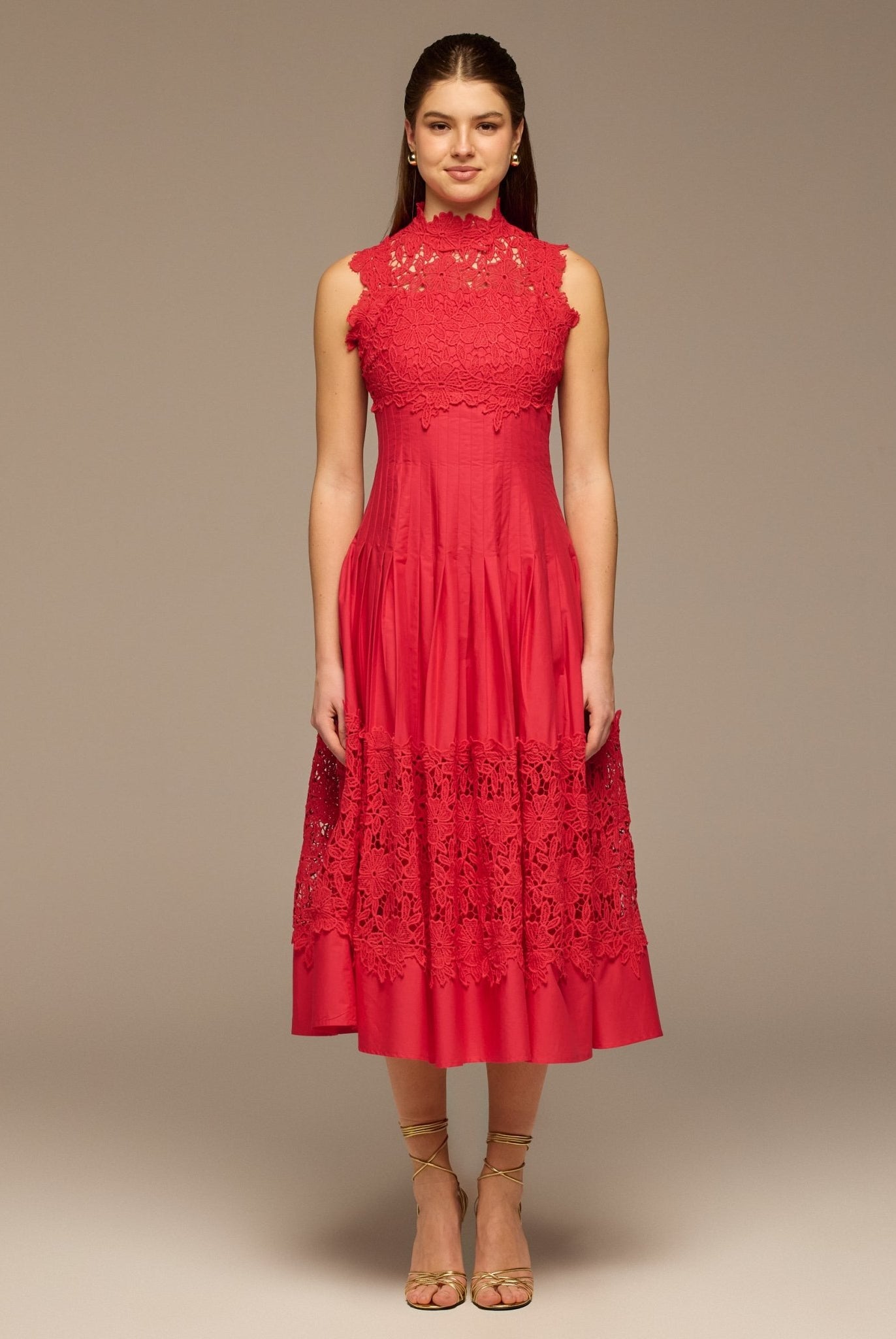 Red Lace - Paneled Cotton Midi Dress - shopaleena