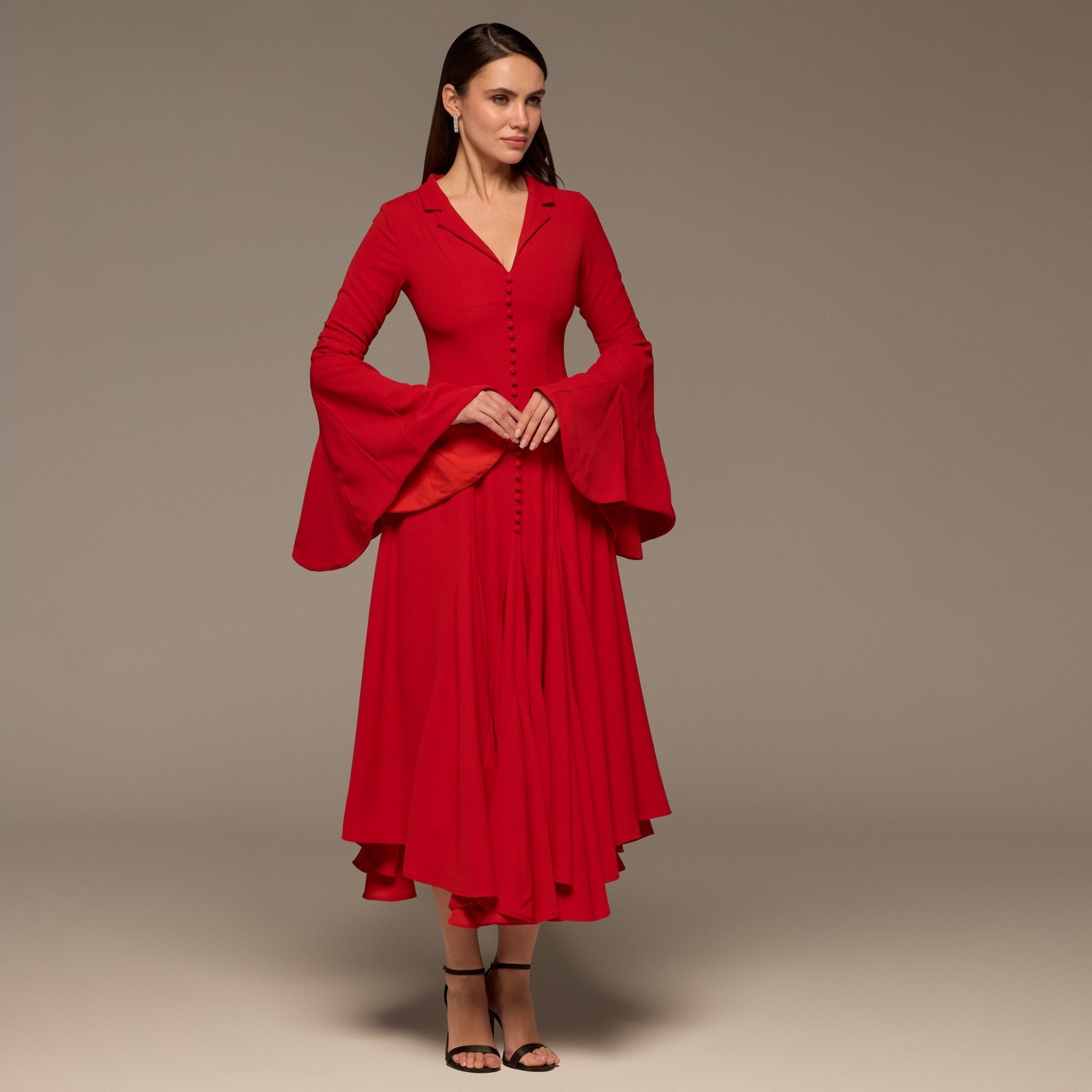 Red Lapel Neck Button - Front Crepe Dress - shopaleena