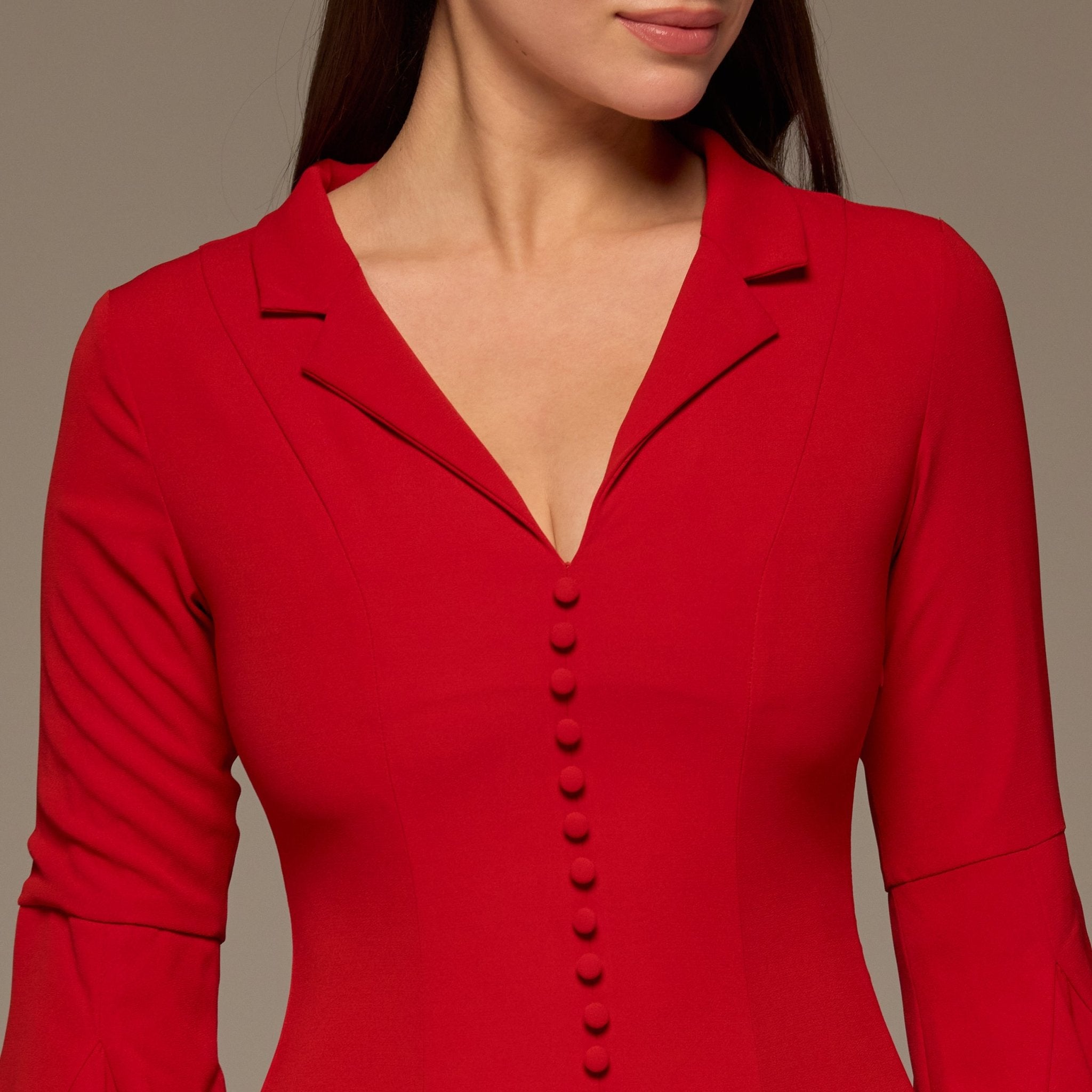 Red Lapel Neck Button - Front Crepe Dress - shopaleena