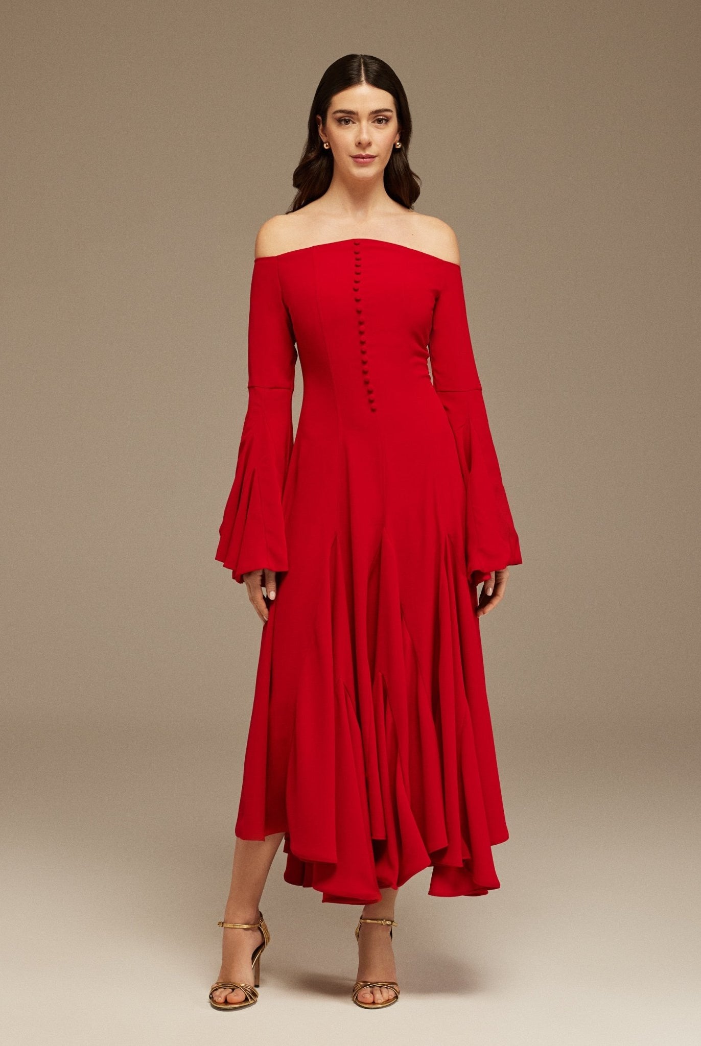 Red Off - Shoulder Aline Midi Crepe Dress - shopaleena