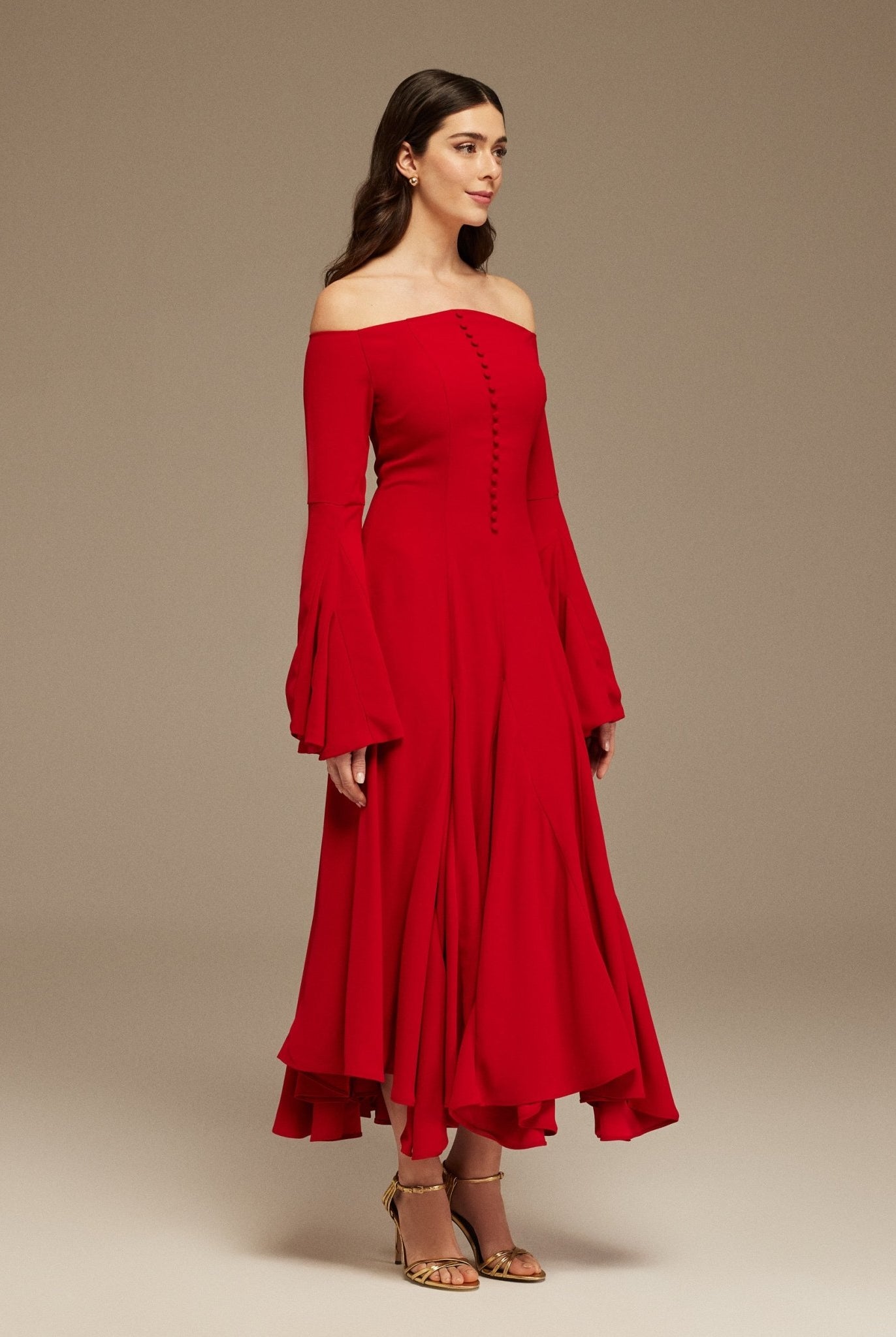 Red Off - Shoulder Aline Midi Crepe Dress - shopaleena