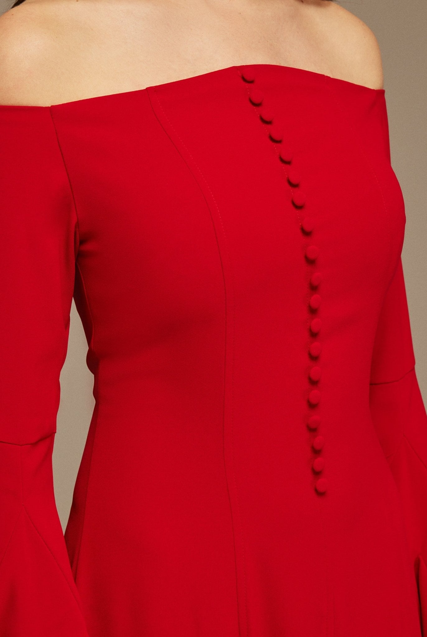 Red Off - Shoulder Aline Midi Crepe Dress - shopaleena