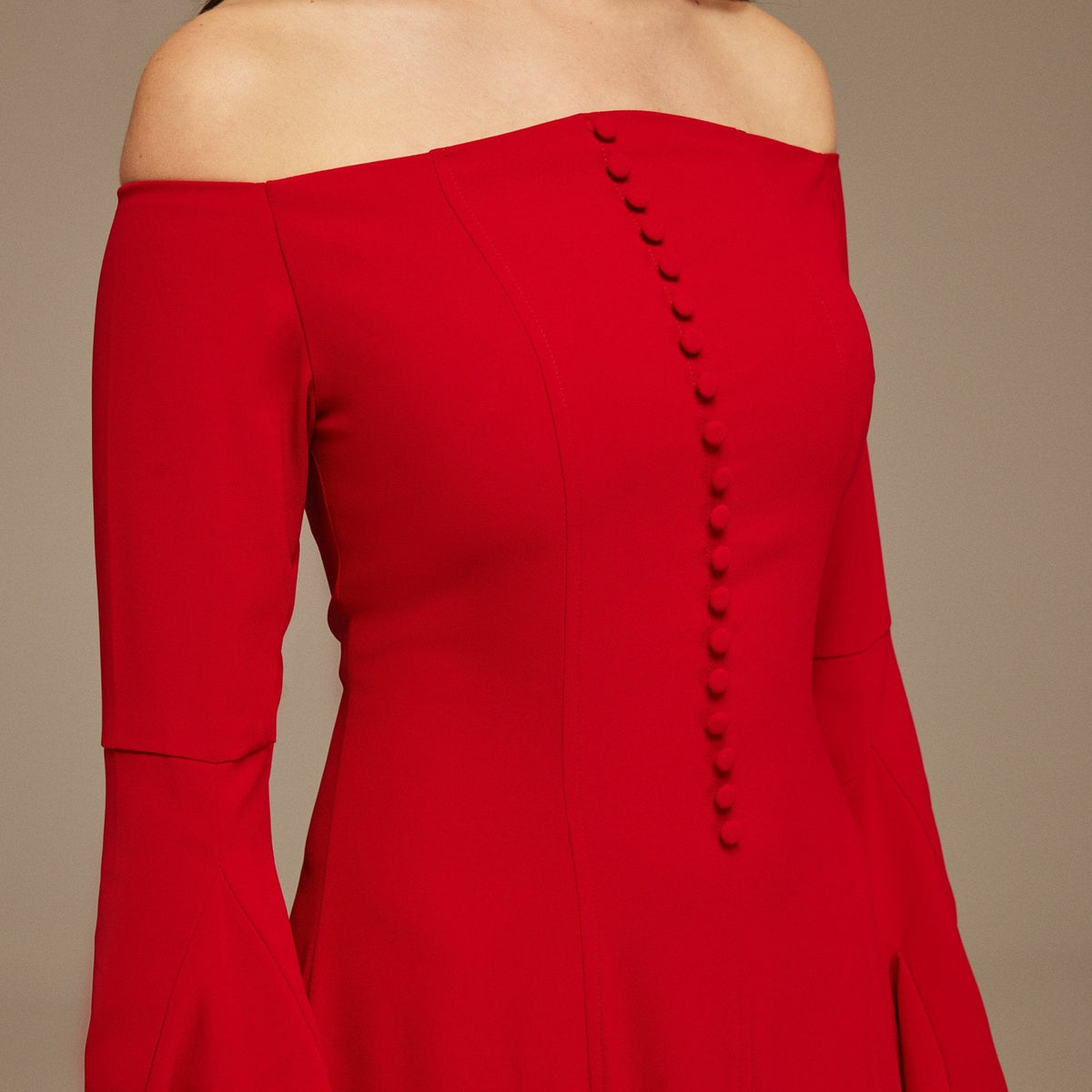 Red Off - Shoulder Aline Midi Crepe Dress - shopaleena