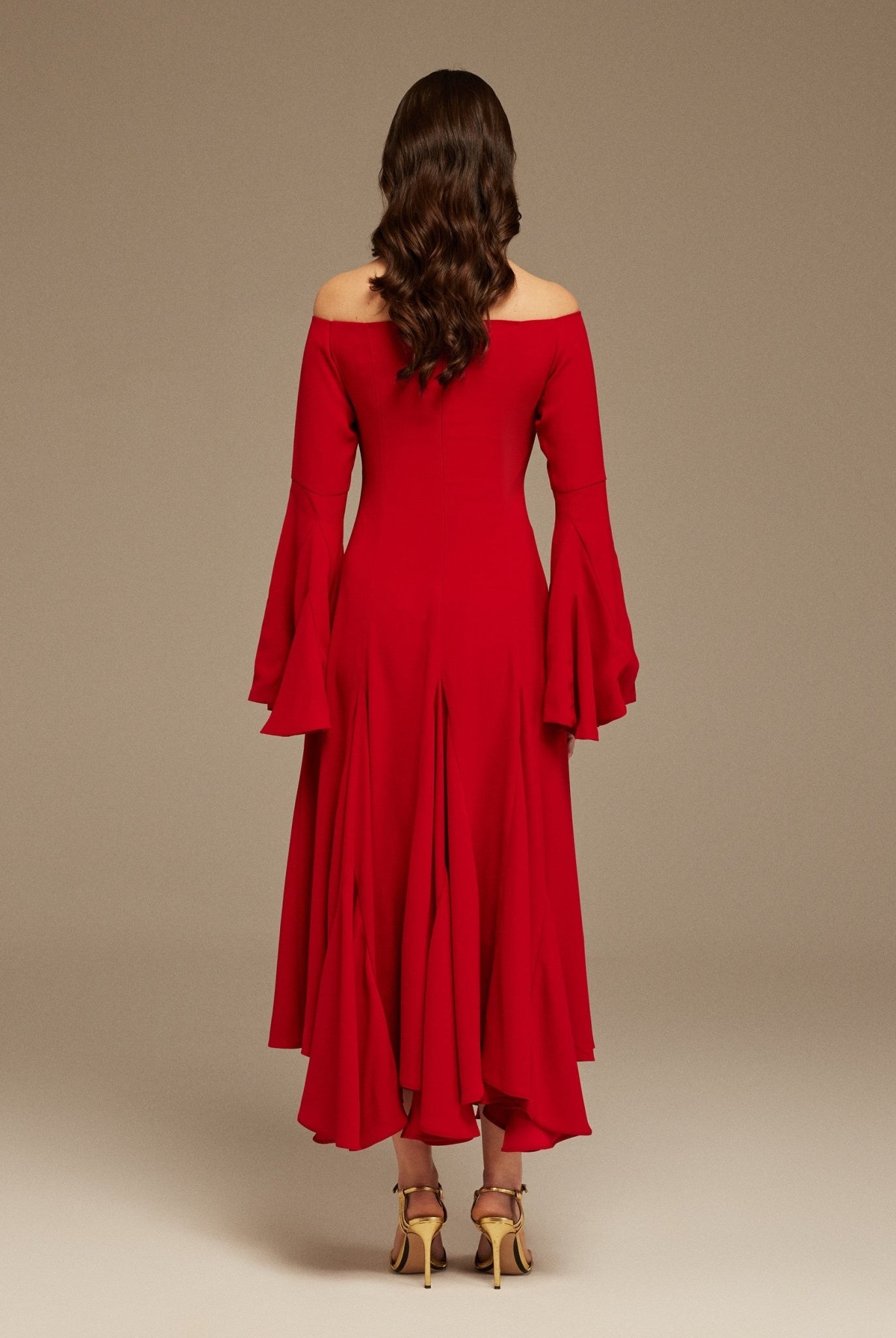 Red Off - Shoulder Aline Midi Crepe Dress - shopaleena