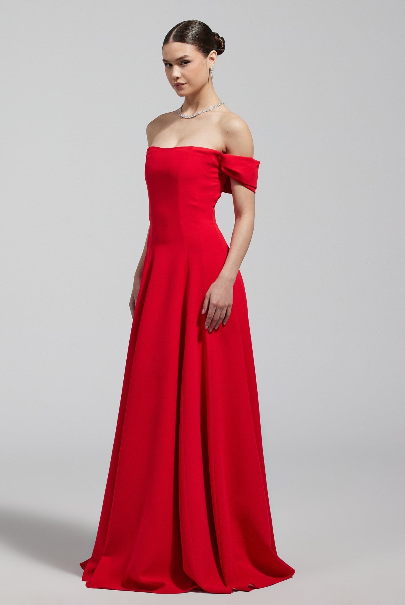 Red Off - Shoulder Crepe Gown - shopaleena