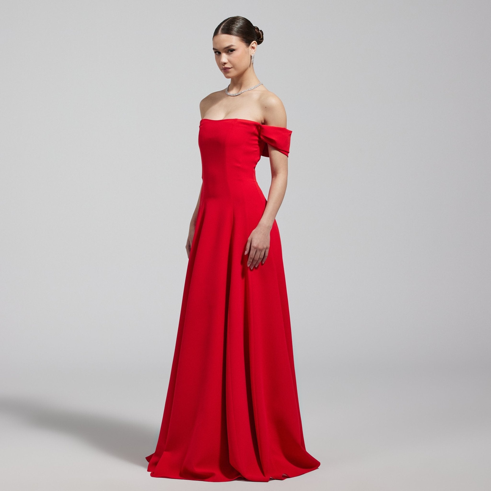 Red Off - Shoulder Crepe Gown - shopaleena