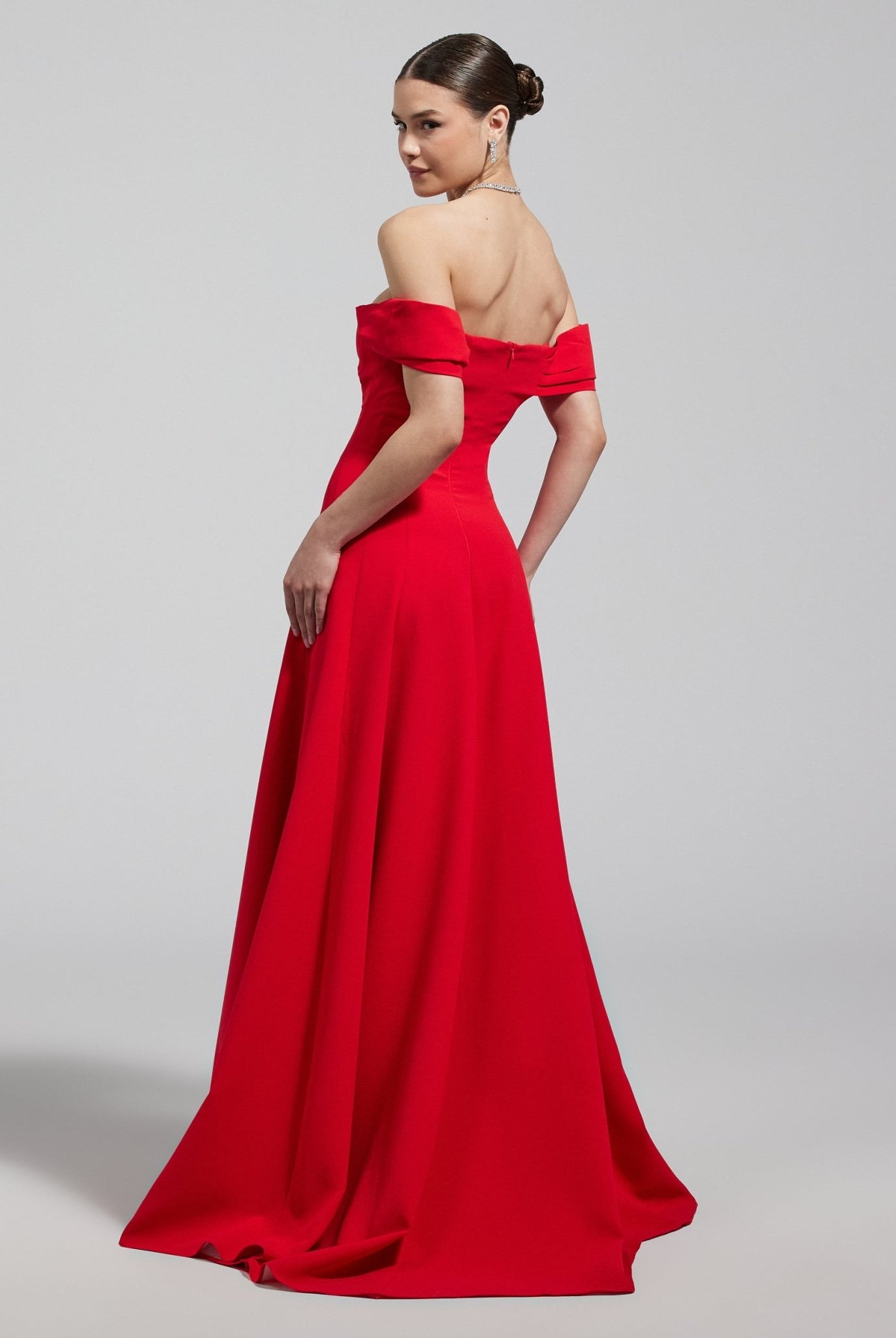 Red Off - Shoulder Crepe Gown - shopaleena