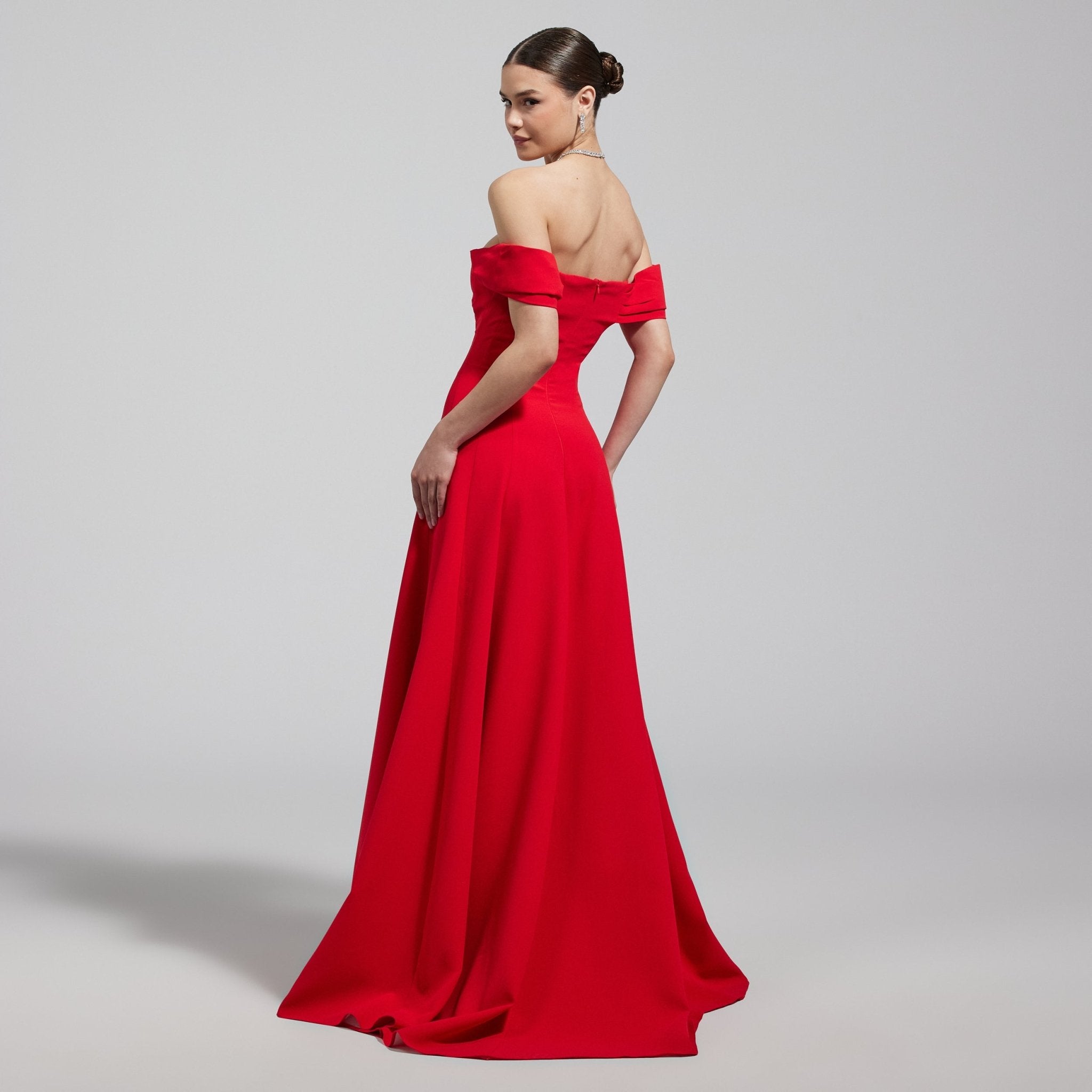 Red Off - Shoulder Crepe Gown - shopaleena