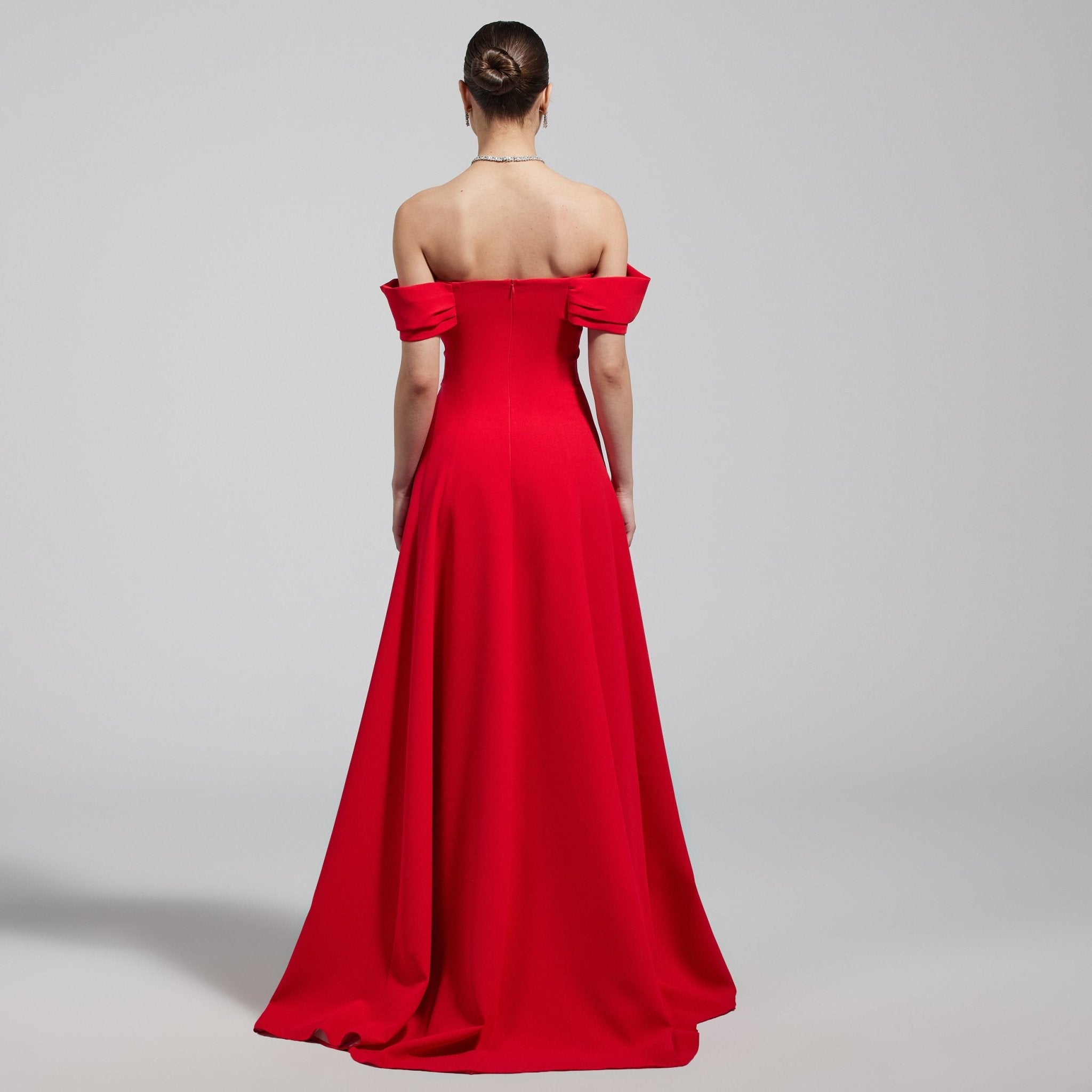 Red Off - Shoulder Crepe Gown - shopaleena
