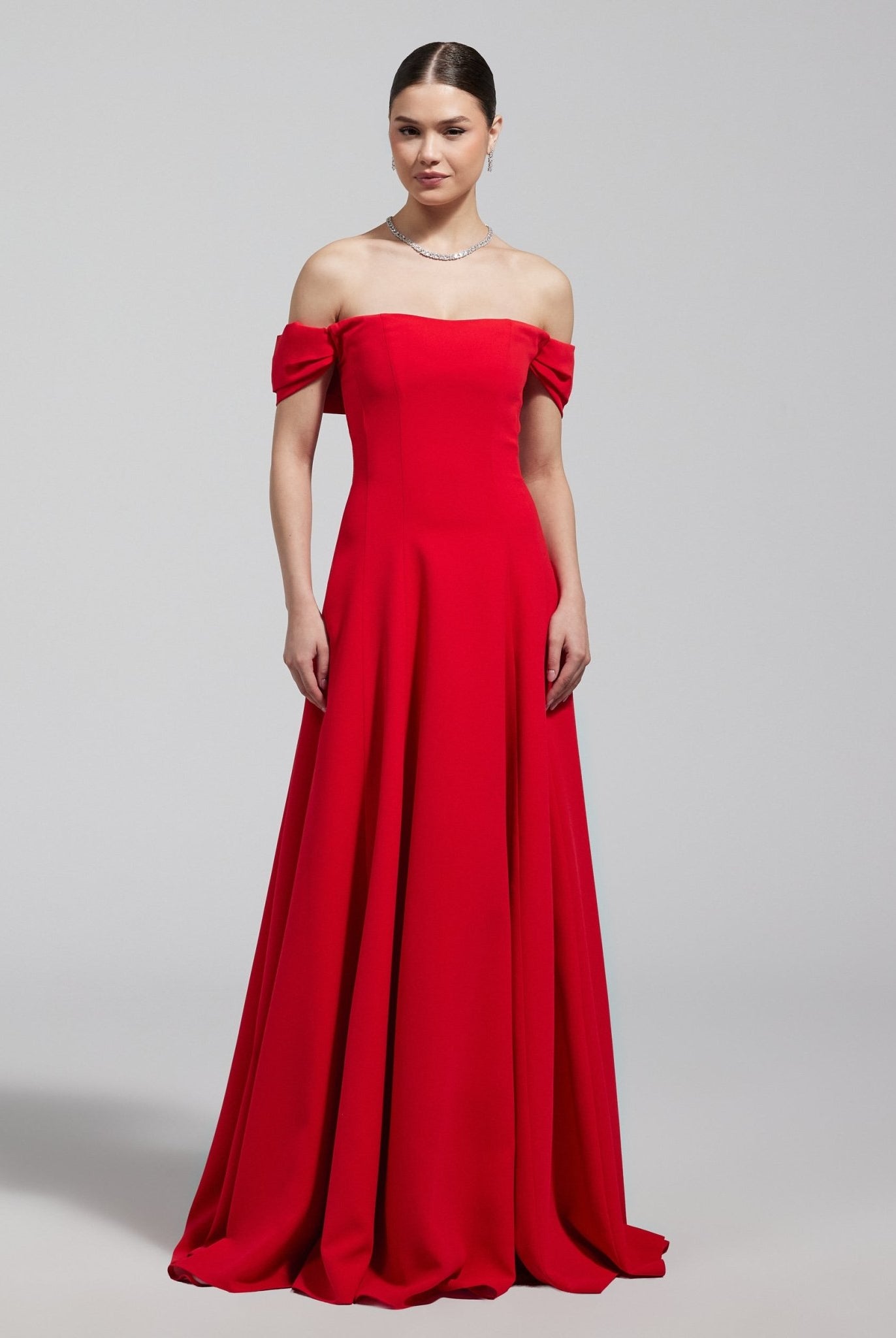 Red Off - Shoulder Crepe Gown - shopaleena