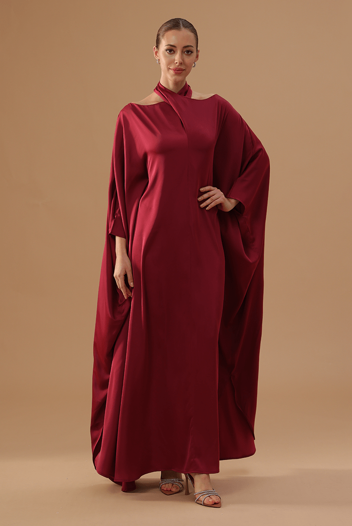 Red Off - Shoulder Kaftan with Neck Strap and Inner Belt - shopaleena