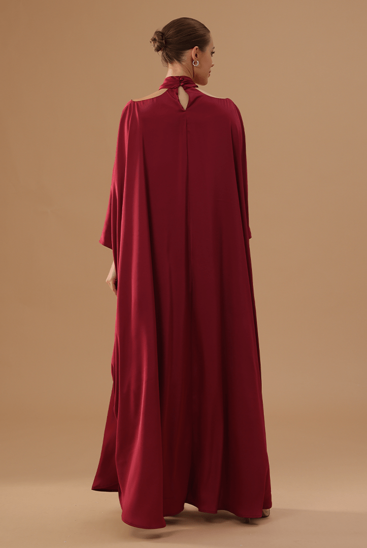 Red Off - Shoulder Kaftan with Neck Strap and Inner Belt - shopaleena