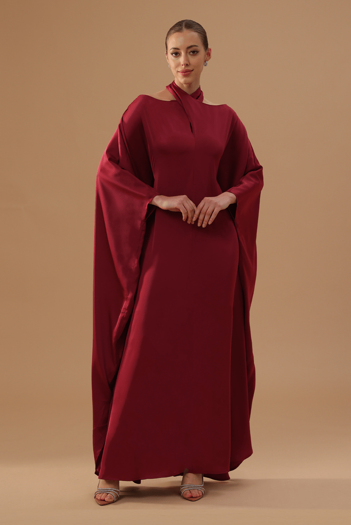 Red Off - Shoulder Kaftan with Neck Strap and Inner Belt - shopaleena