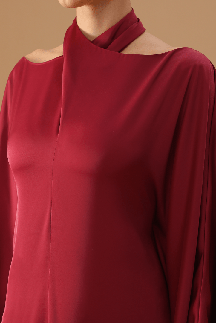 Red Off - Shoulder Kaftan with Neck Strap and Inner Belt - shopaleena