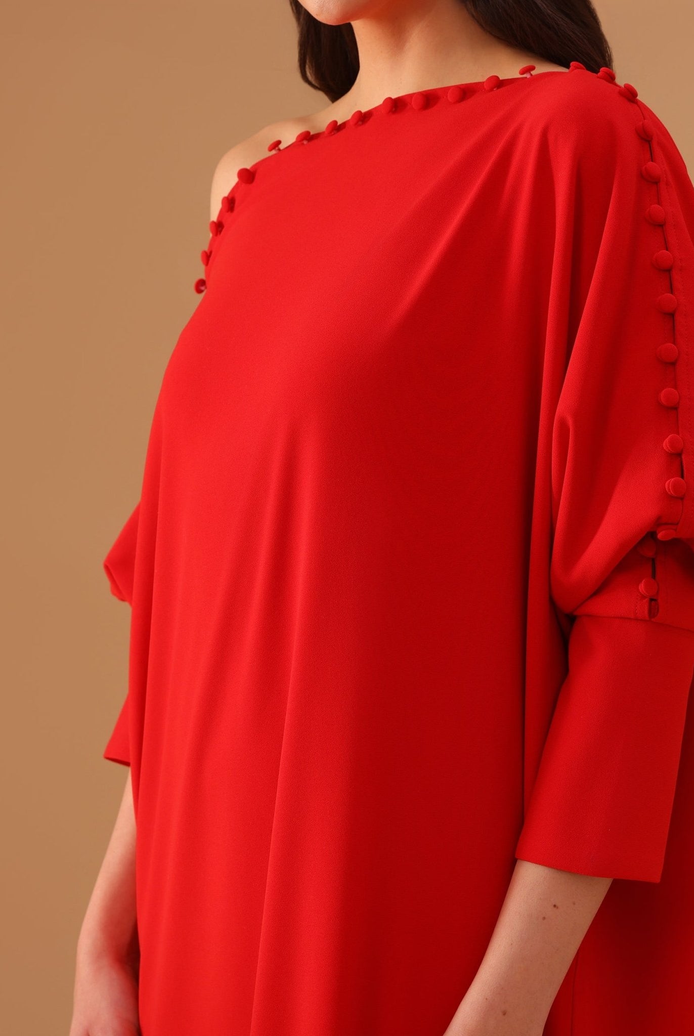 Red Off Shoulder Long Sleeve Crepe Kaftan - shopaleena