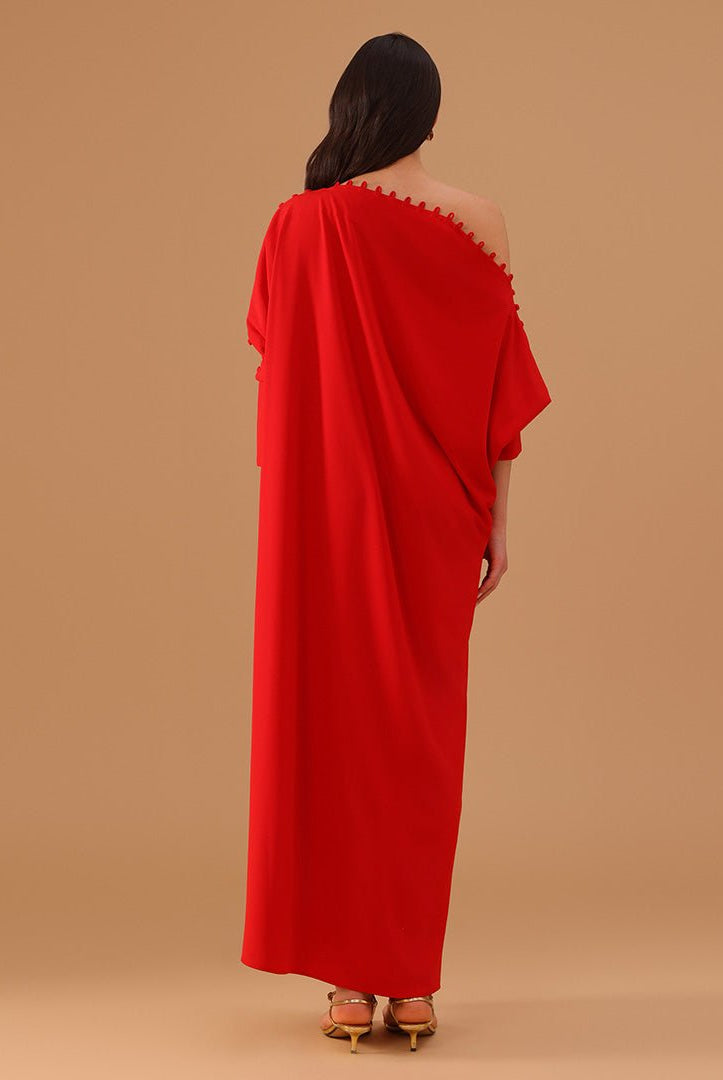 Red Off Shoulder Long Sleeve Crepe Kaftan - shopaleena