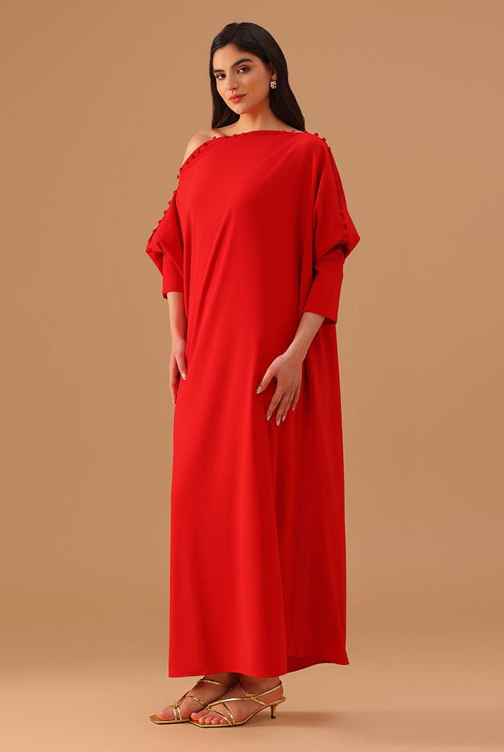 Red Off Shoulder Long Sleeve Crepe Kaftan - shopaleena