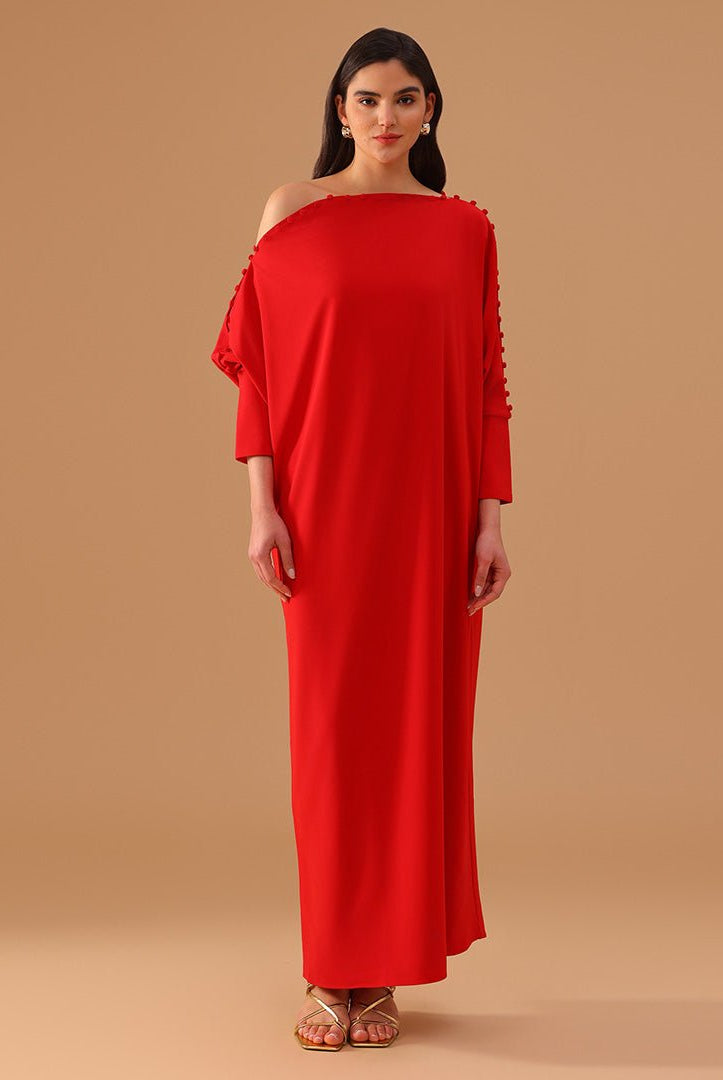 Red Off Shoulder Long Sleeve Crepe Kaftan - shopaleena