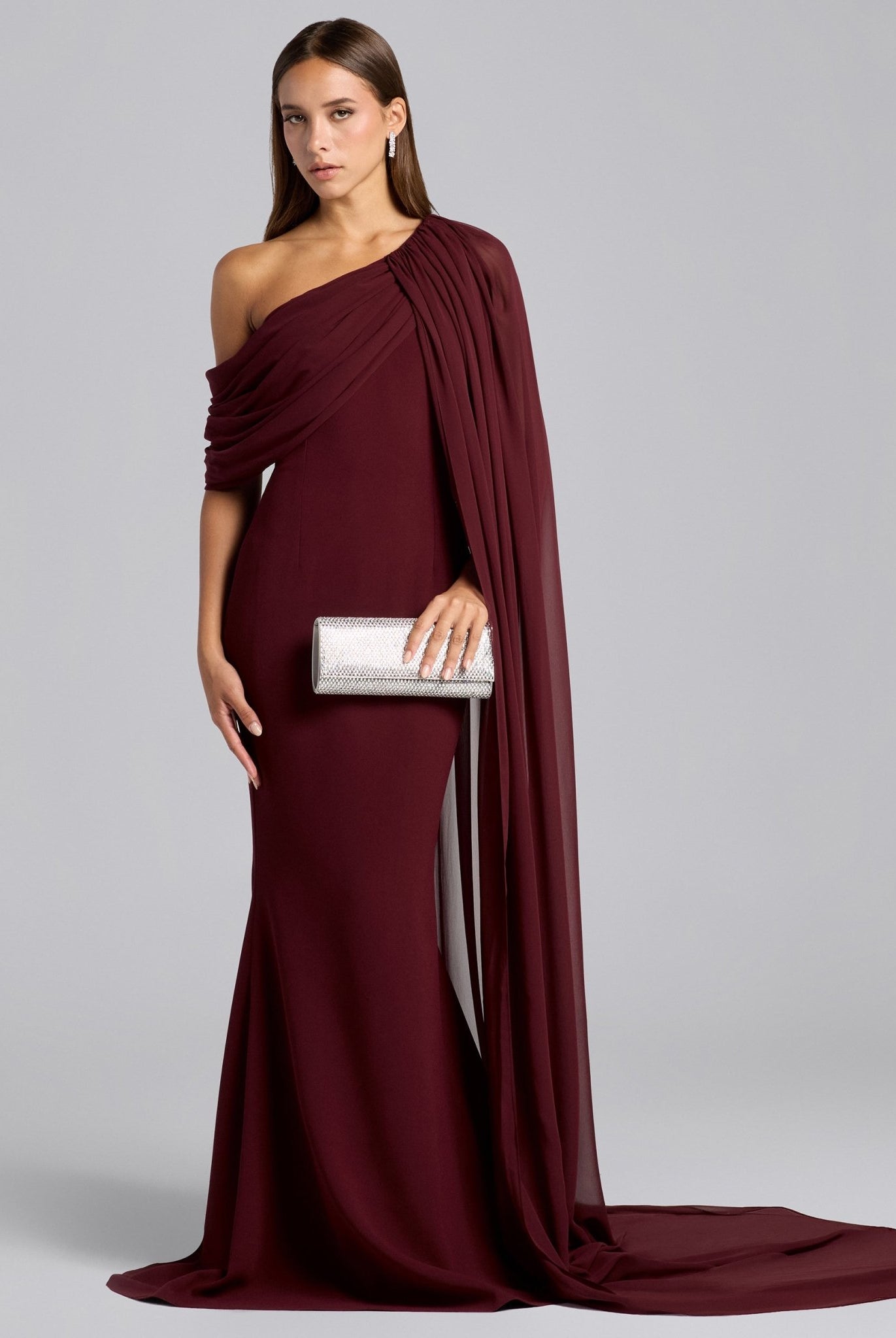 Red One Shoulder Draped Cape Maxi Dress - shopaleena