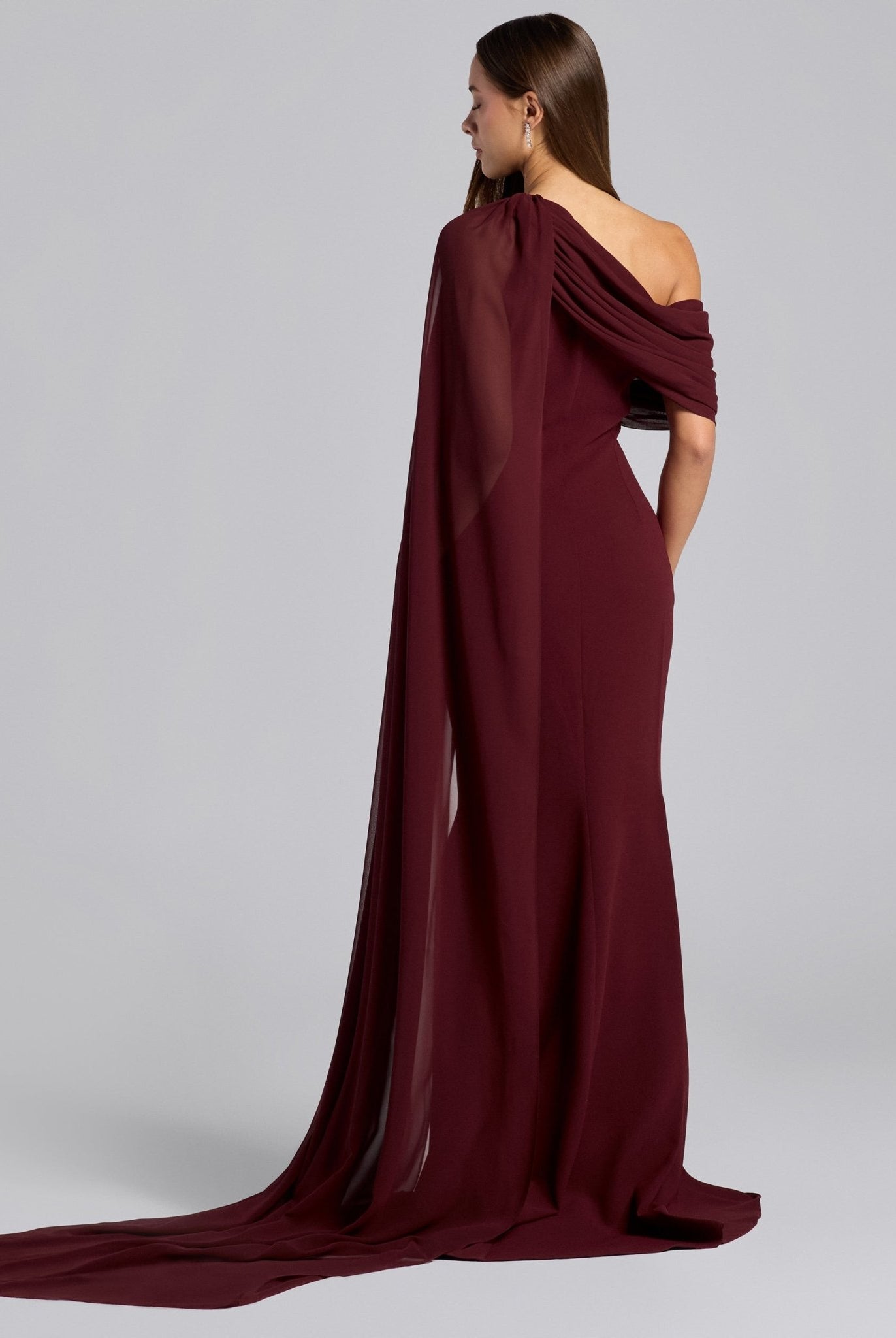 Red One Shoulder Draped Cape Maxi Dress - shopaleena