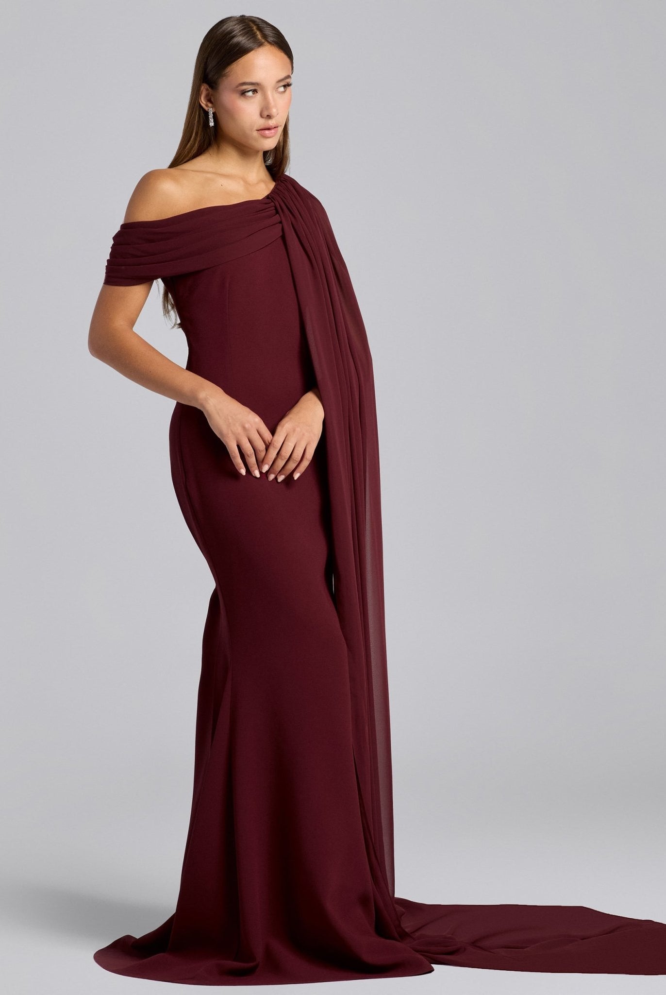 Red One Shoulder Draped Cape Maxi Dress - shopaleena