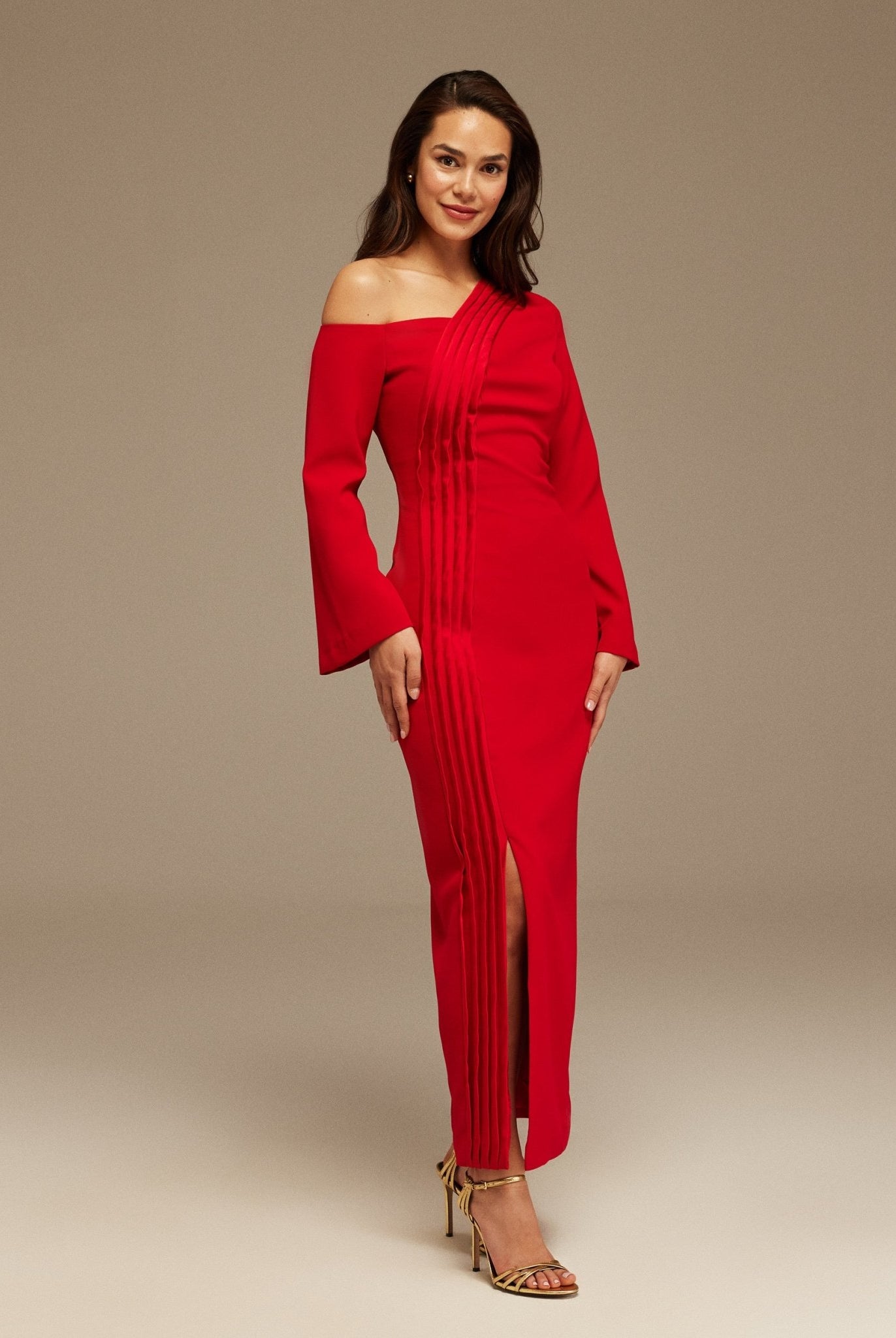 Red Open Shoulder Maxi Crepe Dress - shopaleena